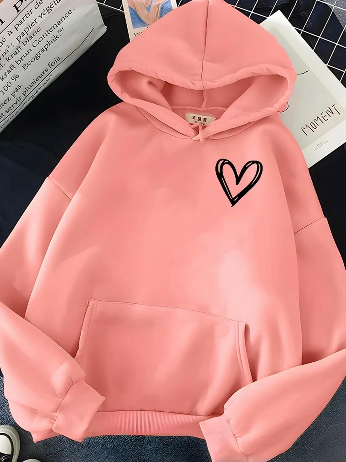 bluzy z kapturem proste serce nadruk damska bluza miękka na co dzień luźna damska bluza z kapturem zimowe ciepłe topy studenckie-czarne-L