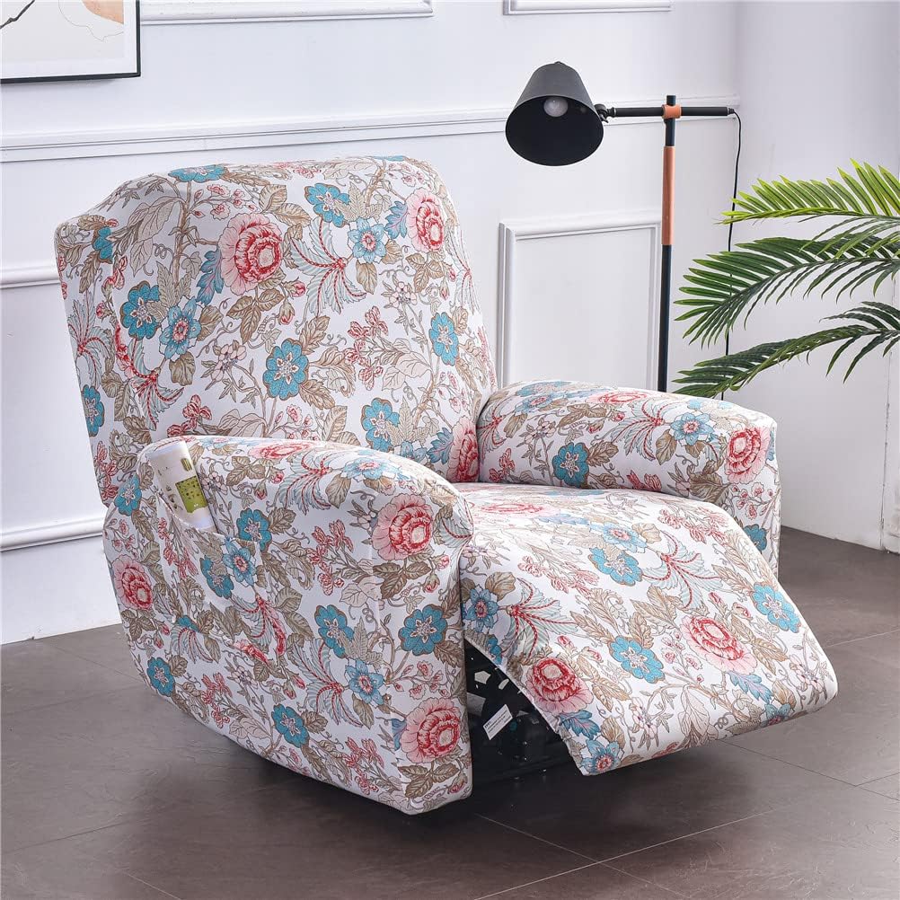 Recliner Covers for Electric Chair with Pockets, Stretch 4-Pieces Recliner Chair Slipcover for Armchairs, Sofa Furniture Protector for Living Room (Flowers)