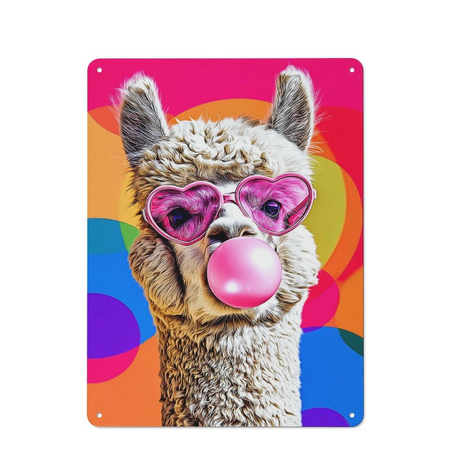 Junmoney Alpaca With Heart Glasses Blowing Bubble Gum Character Decorative Tin Plaque 40X30cm Featuring -1, Small Space Decor For Bedroom, Kitchen, Office Or Living Room