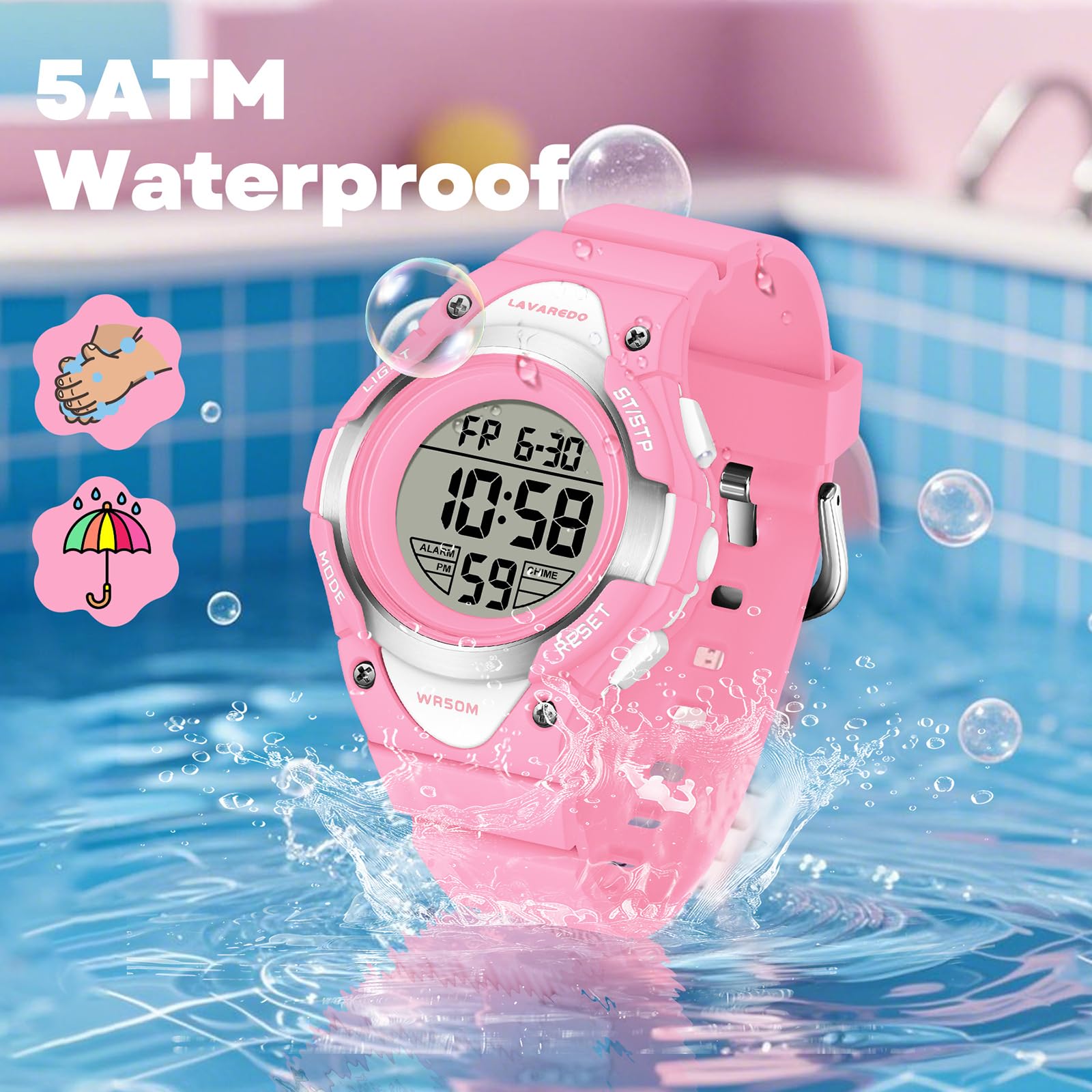 Timever Orologio Digitale Bambina Bambino con cinturino in silicone, impermeabile 5 ATM, orologio sportivo da polso ragazza ragazzo con sveglia, cronometro, data, luce