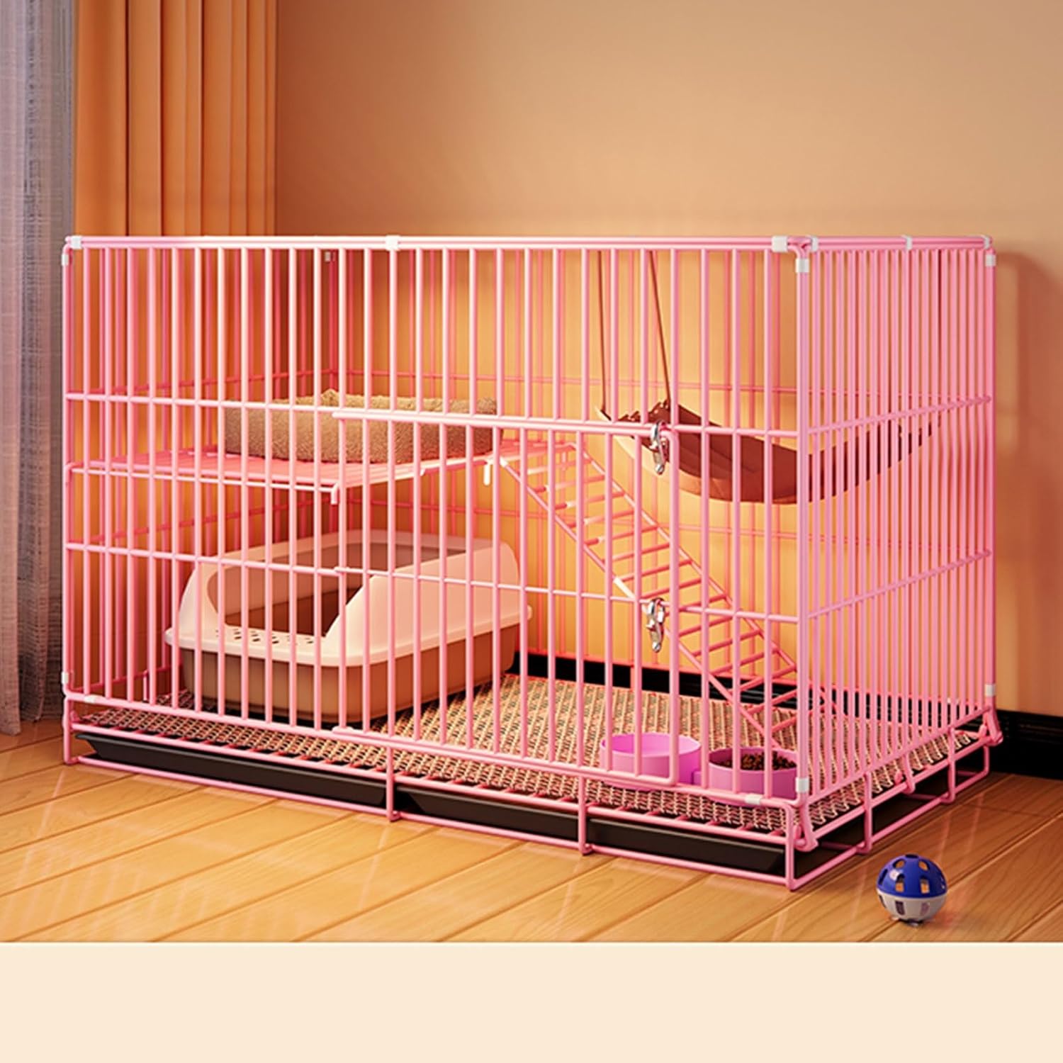 Indoor, 2 Tier Kitten Cage, Pet Playpen Foldable Metal Kennel for Ferret Kitty, Bunny, Chinchilla, Squirrel(Pink,58 * 41 * 50cm/23 * 16 * 20in)