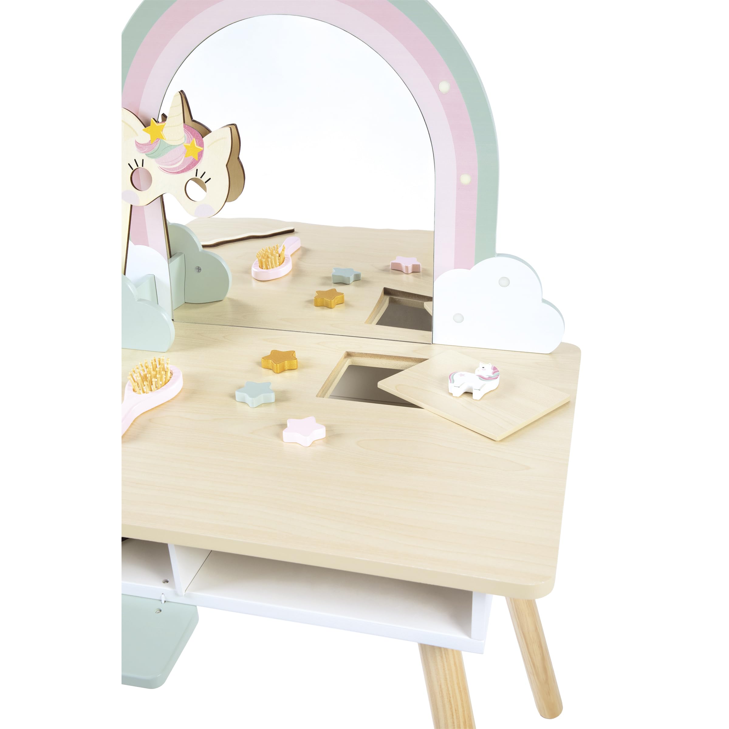 Janod Tocador Niña - Tema Unicornio - Imitación Juego - Tocador con Espejo y Taburete de Juguete - 10 Accesorios - Dim 56,6 x 42,5 x 86,25 cm - A Partir de 3 Años - J06464