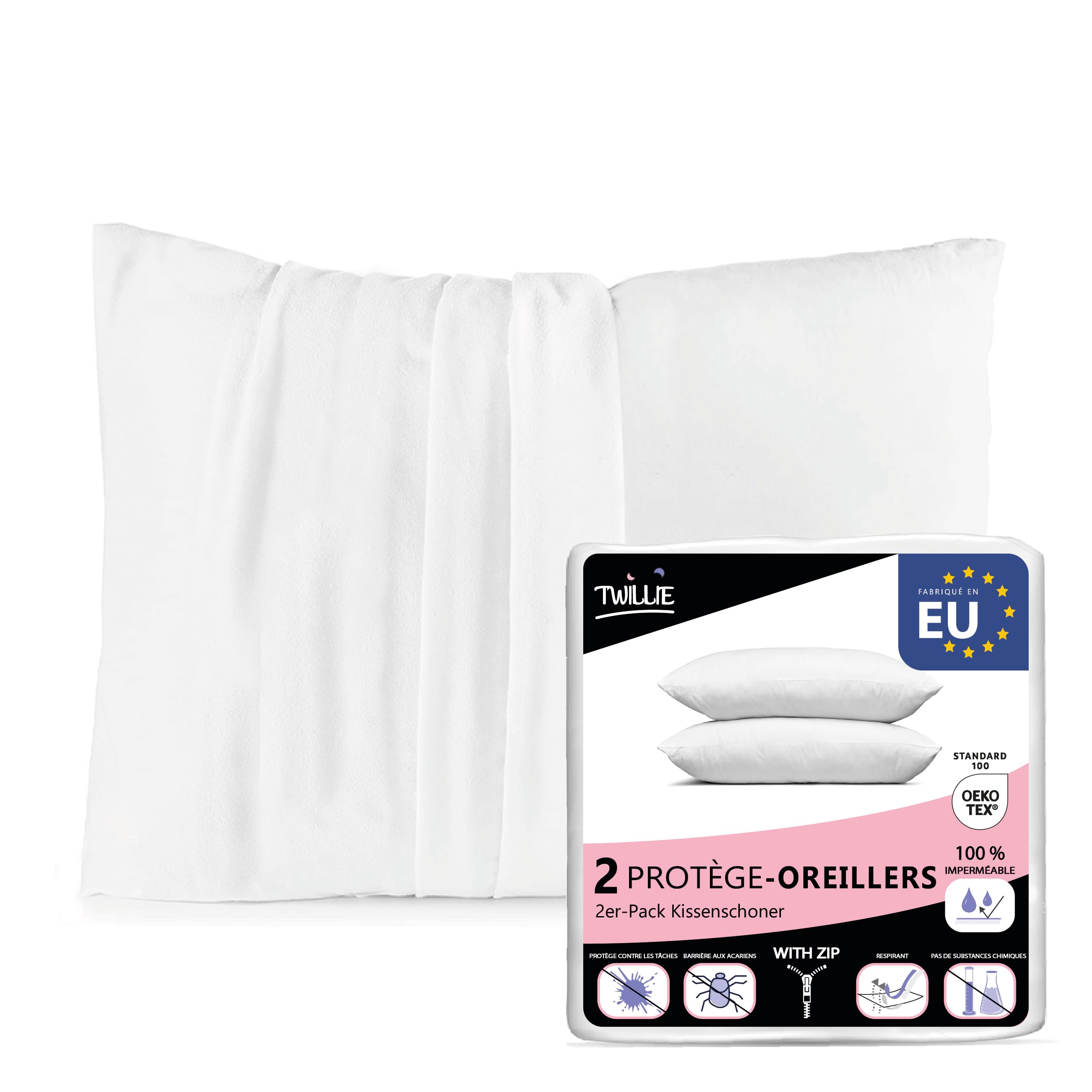 Housse oreiller 65x65 étanche Twillie fini les oreillers tachés grâce au lot de 2 protèges en jersey