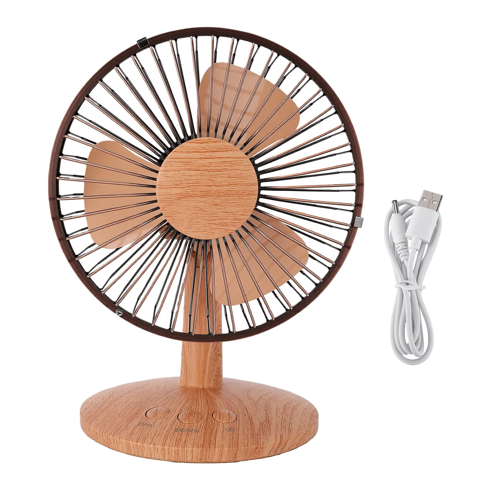 Sxhlseller Ventilador de Escritorio Pequeño, Ventilador de Mesa Oscilante Portátil de 2 Velocidades con Apariencia de Veta de Madera, Mini de Refrigeración con Doble Alimentación USB o Funciona con