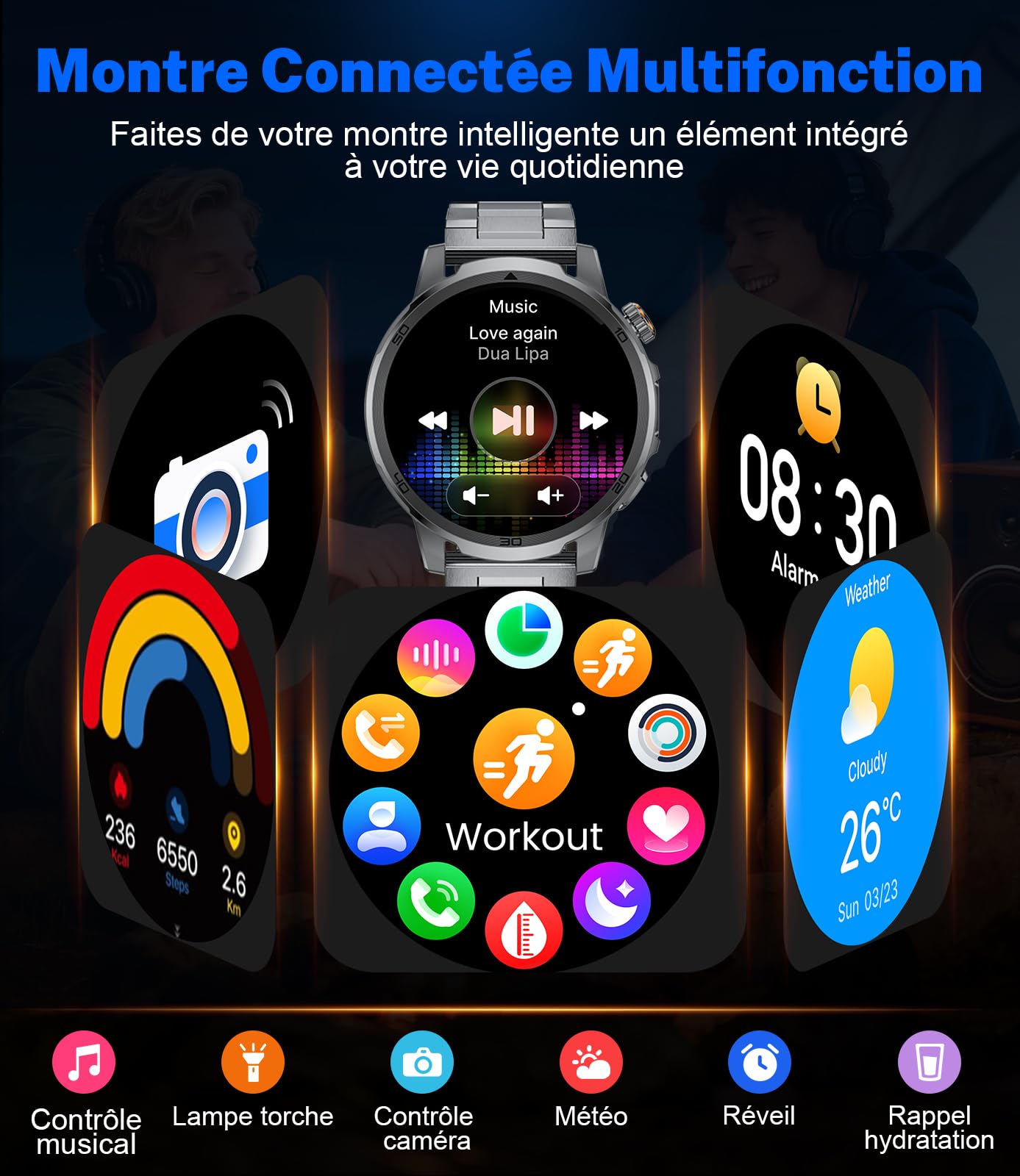 FEELNEVER Montre Connectée Homme avec 1000mAh/1,85'' HD Grand Écran/LED Lampe,Smartwatch Homme avec Moniteur de Fréquence Cardiaque et Sommeil/110+ Modes Sportifs,IP68 Étanche Android iOS, Noir