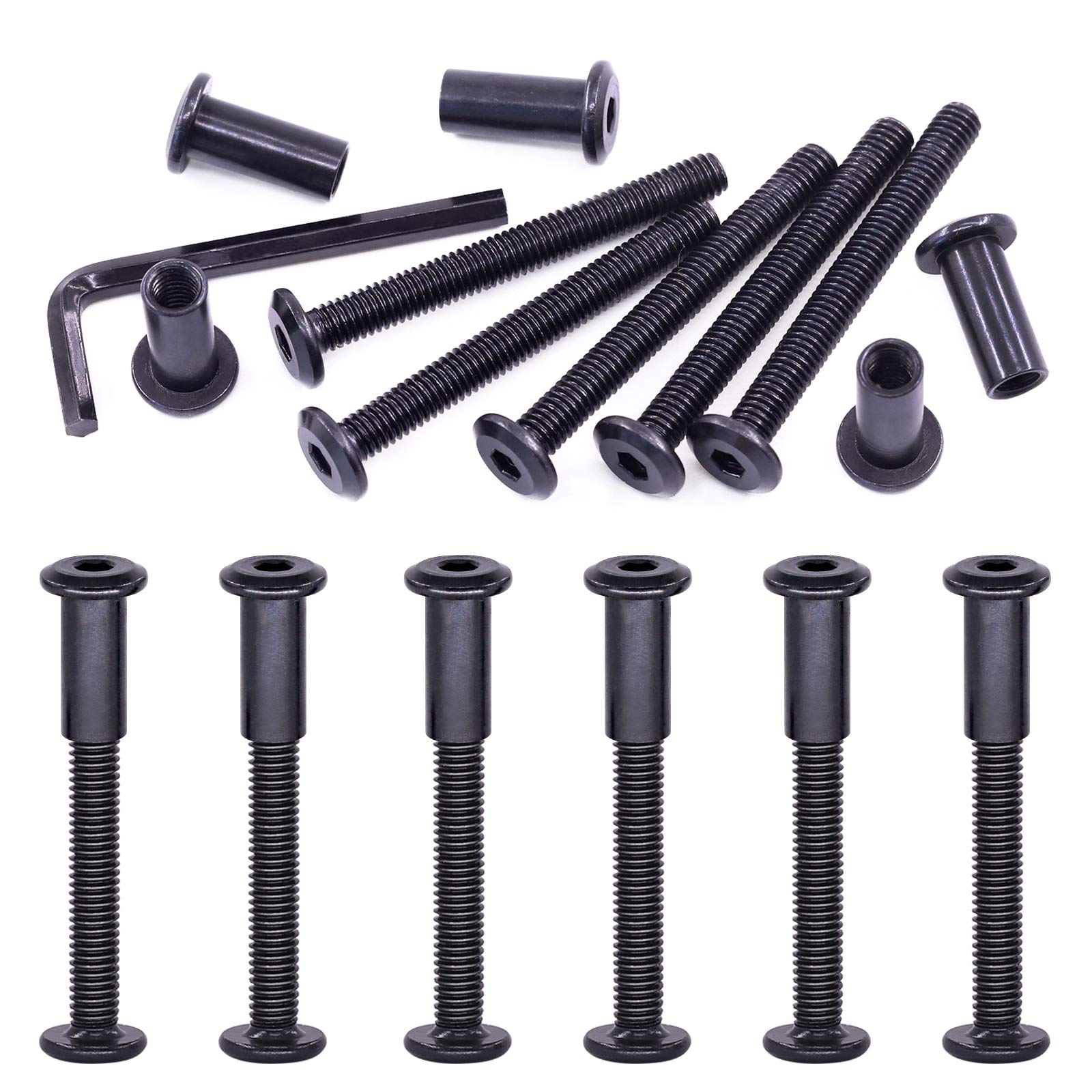 Swpeet 25Pcs M6x55mm Carbon Steel Black Hex Drive Socket Cap Bolts Barrel Nuts Assortment Kit with 1Pcs Allen Wrench, Screw Post Fit for Furniture