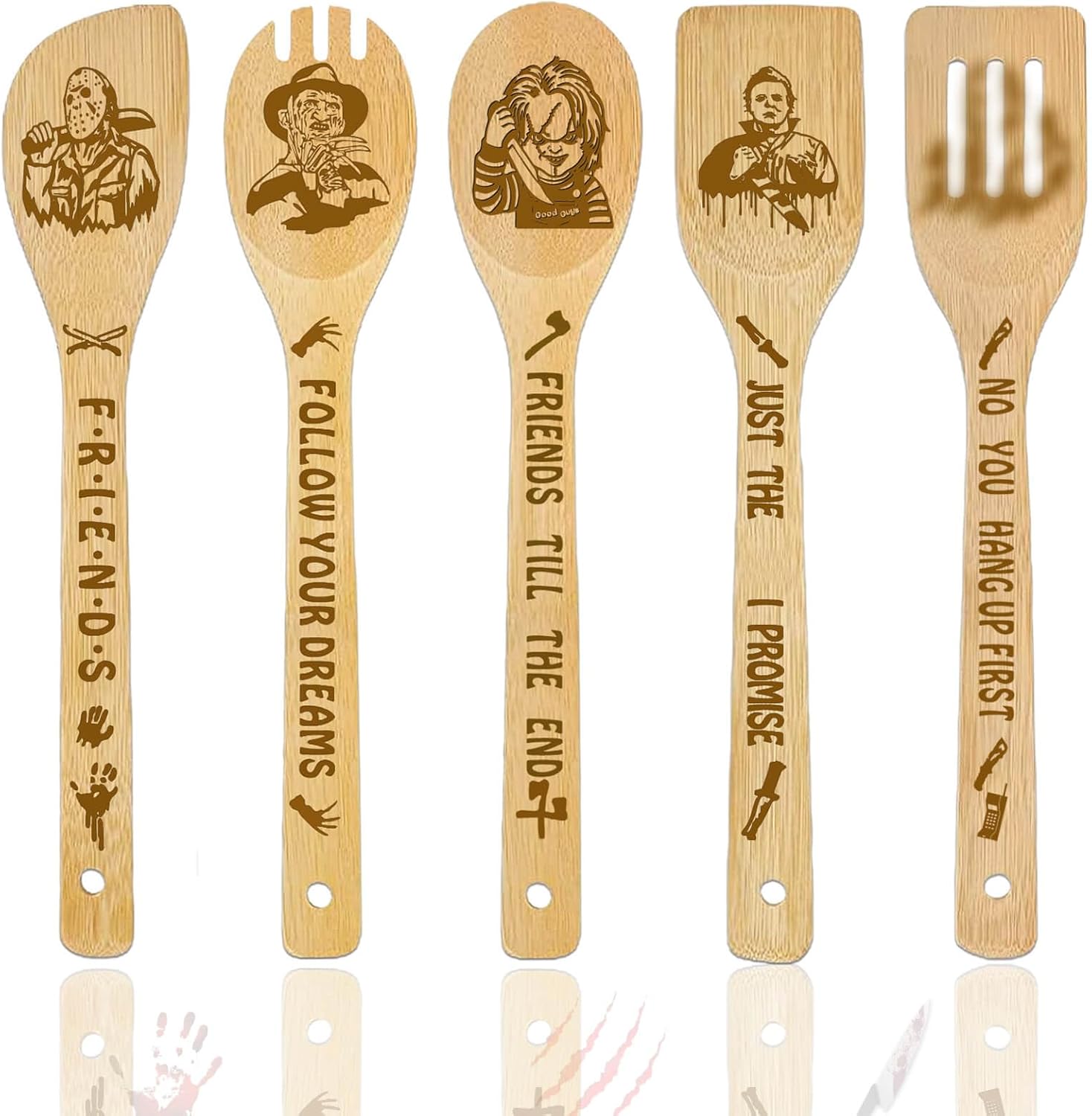 Horror Movie Merchandise Decor Halloween Gifts Wooden Spoons for Cooking, Natural Bamboo Kitchen Decorations Set 5 Pack for Women Man Birthday Fan Lover Gift Holiday Scary Party Accessory