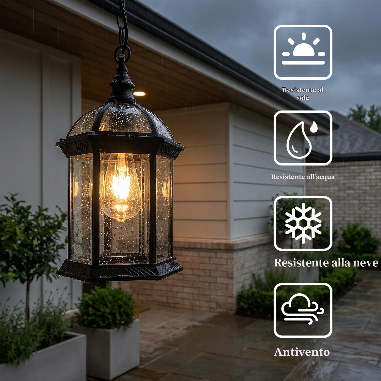 Lampada a Sospensione Esterno Impermeabile Nero Retro Lampadario A Sospensione Luci Esterno E27 Alluminio Antiruggine E Vetro Spesso Industriale Lanterna Da Esterno Giardino Lampadario Vintage Gazebo