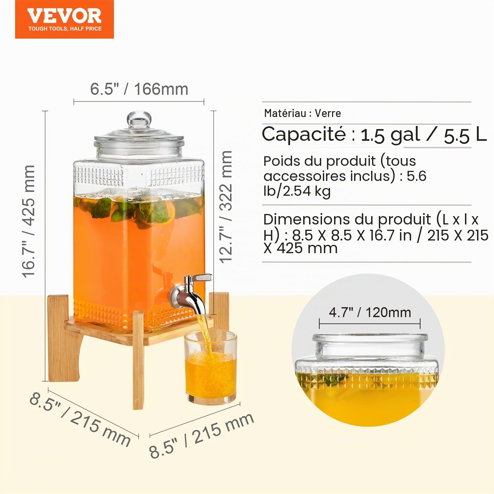 VEVOR Distributeur de Boissons de 5,5 L, Fontaine à Eau en Verre Alimentaire avec Support, Robinet en Acier Inoxydable, Distribution de Jus Limonade Thé Glacé, pour Restaurants, Hôtels, Cafés, Soirées