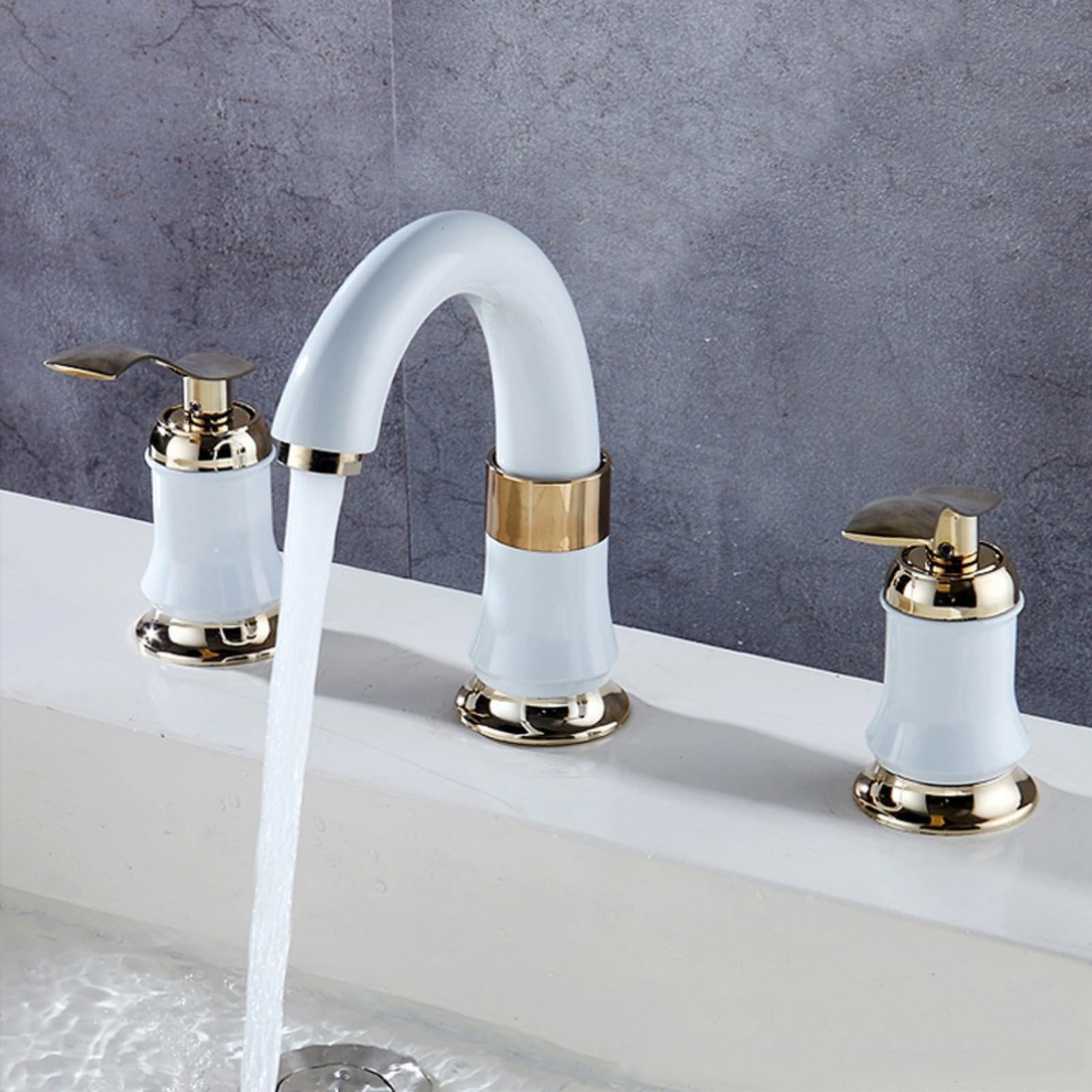 Rubinetto Lavabo Bagno 3 Fori Con Scarico Pop Up – Design A Cascata, Luce LED 3 Colori (Freddo/Caldo), Ottone Massiccio, Maniglie Doppie