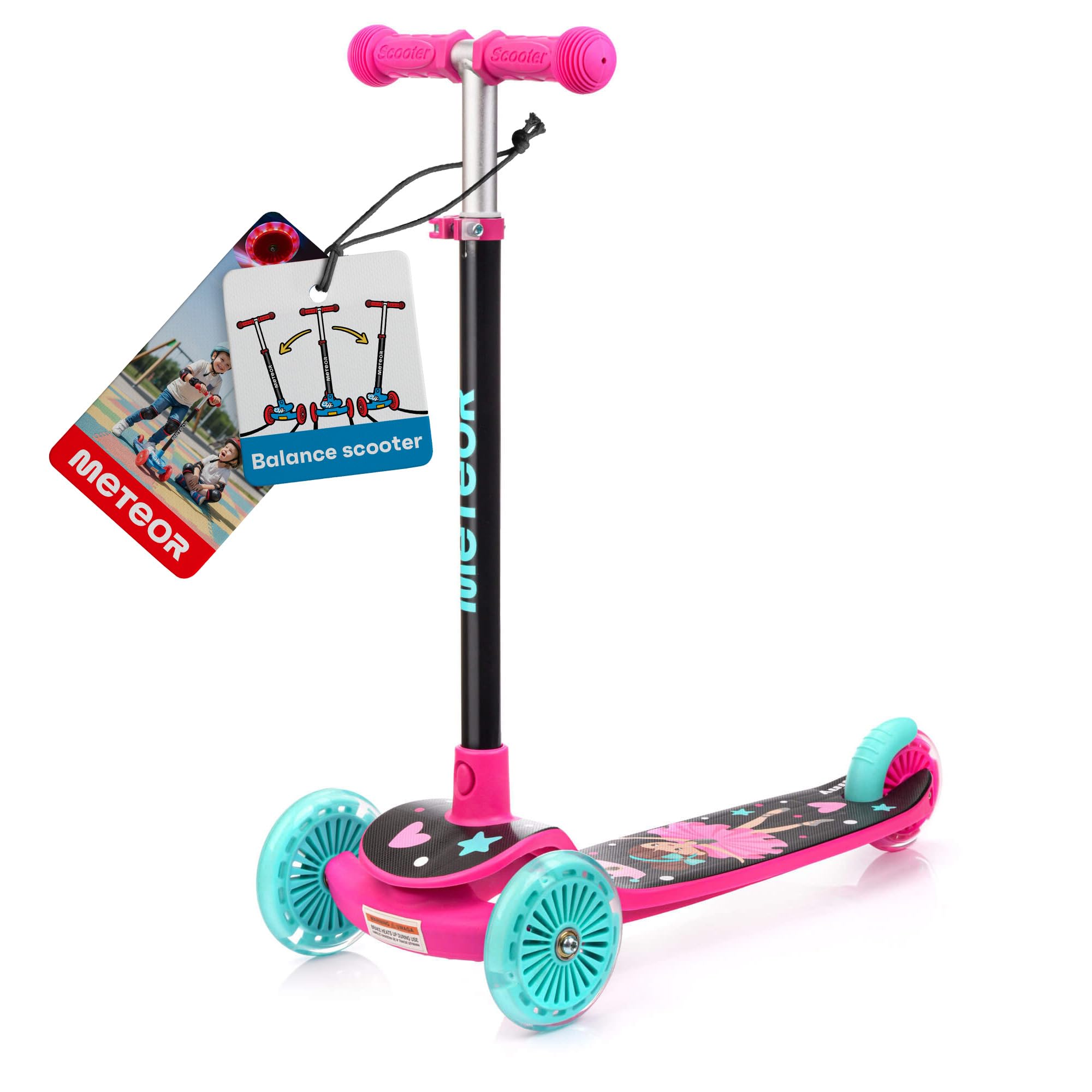 meteor Patinete Infantil de Tres Ruedas LED - Ajustable Conducción Estable y Ligera para Niños 3+ - hasta 50 kg