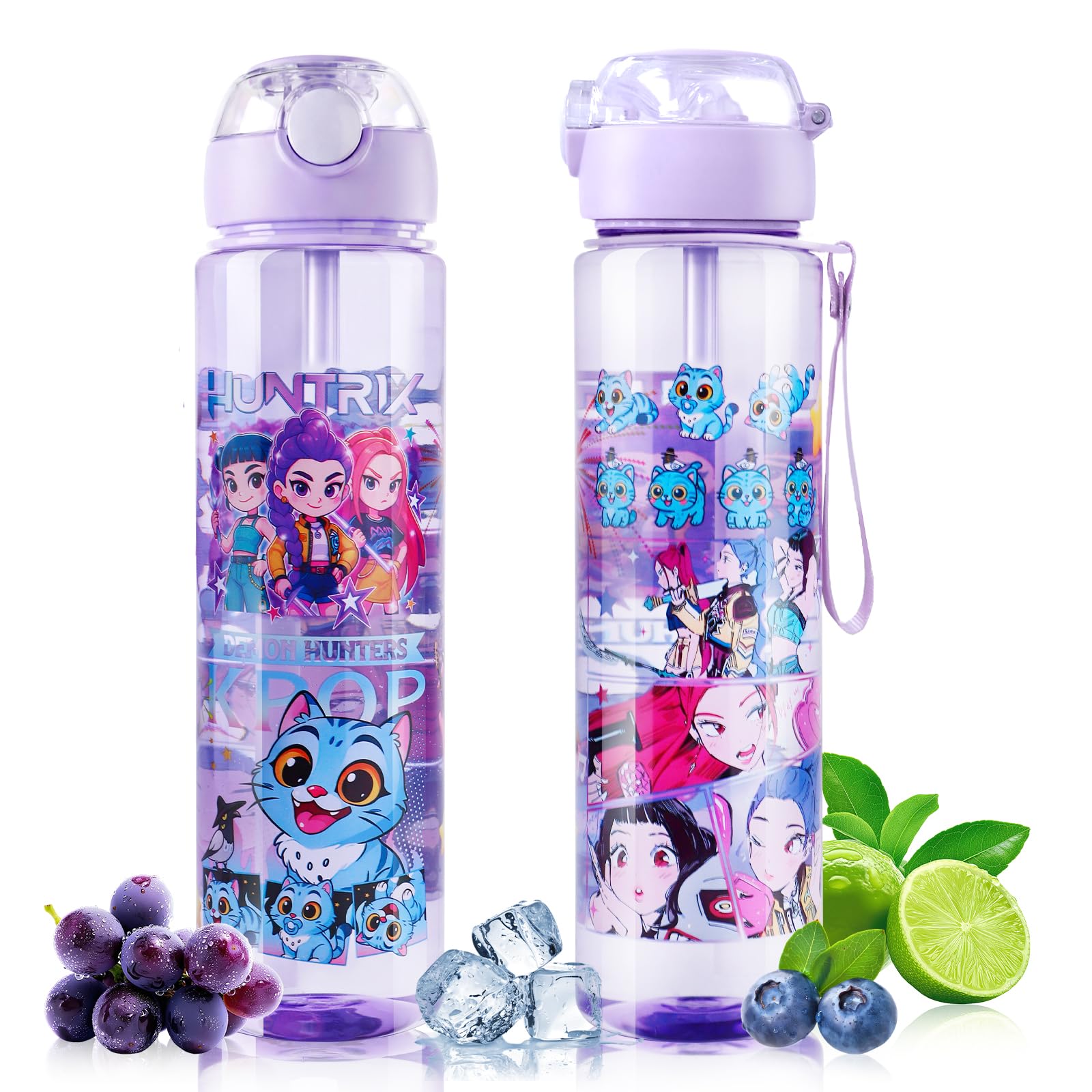 Trinkflasche 700 ml,mit Strohhalm auslaufsicher Nicht für heiße Getränke | BPA-frei – doppelseitiges Cartoon Motiv, bruchfest – für Schule, Camping & Reisen