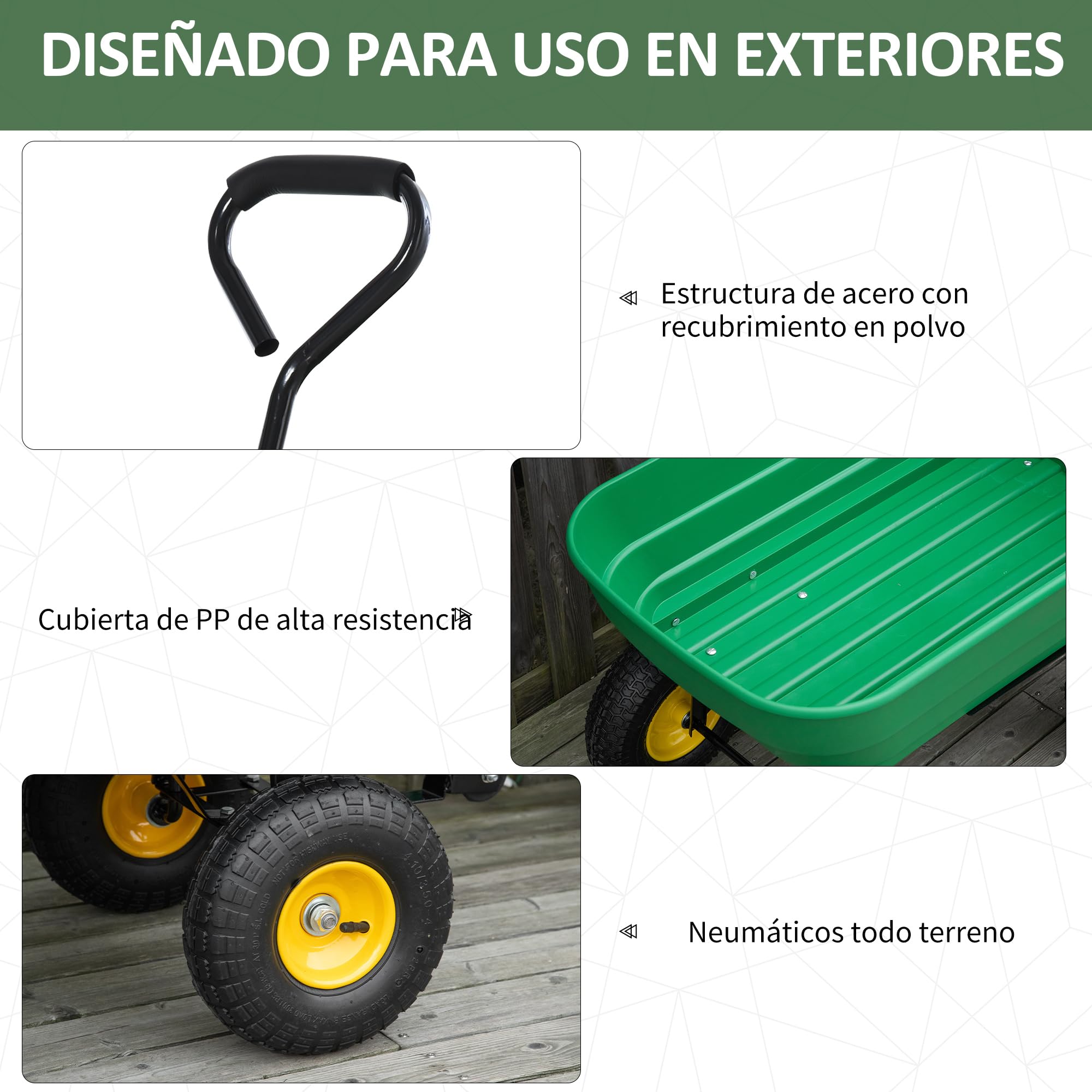 Outsunny Carro de Jardín Basculante Carga 200 kg Capacidad 125 L Carretilla de Transporte Carro para Playa con Marco de Acero y 4 Ruedas Neumáticas Verde