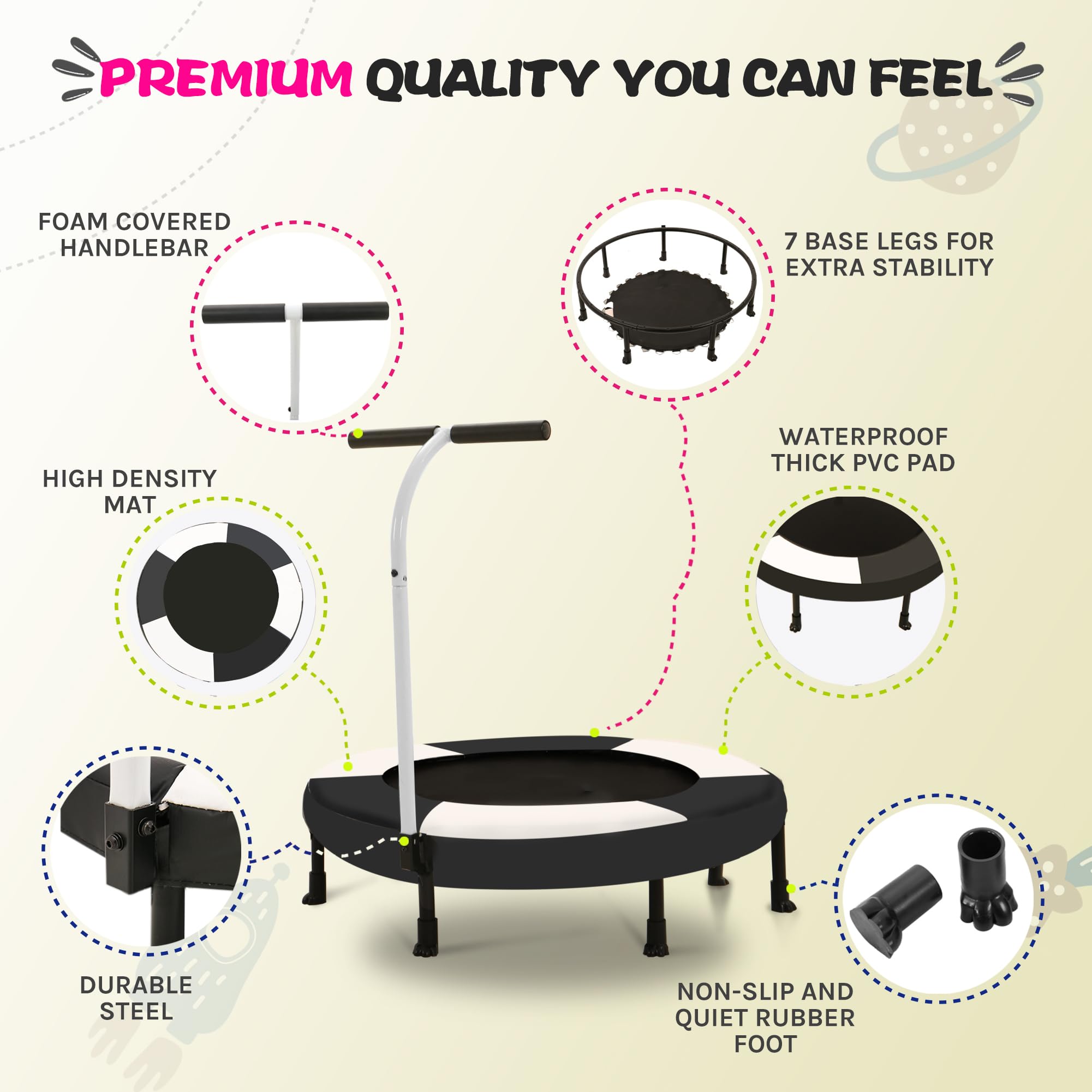 Cama elástica infantil de 91 cm con asa de agarre, color negro y blanco – Mini trampolín para niños, 7 patas, muelles gruesos, almohadilla de seguridad, para interior y exterior, promueve la