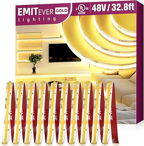 EMITEVER Tira de luz LED COB de 48 V CC blanca cálida, 3000 K 32.8 pies, luz de cinta de alta densidad, luz regulable para dormitorio, cocina,