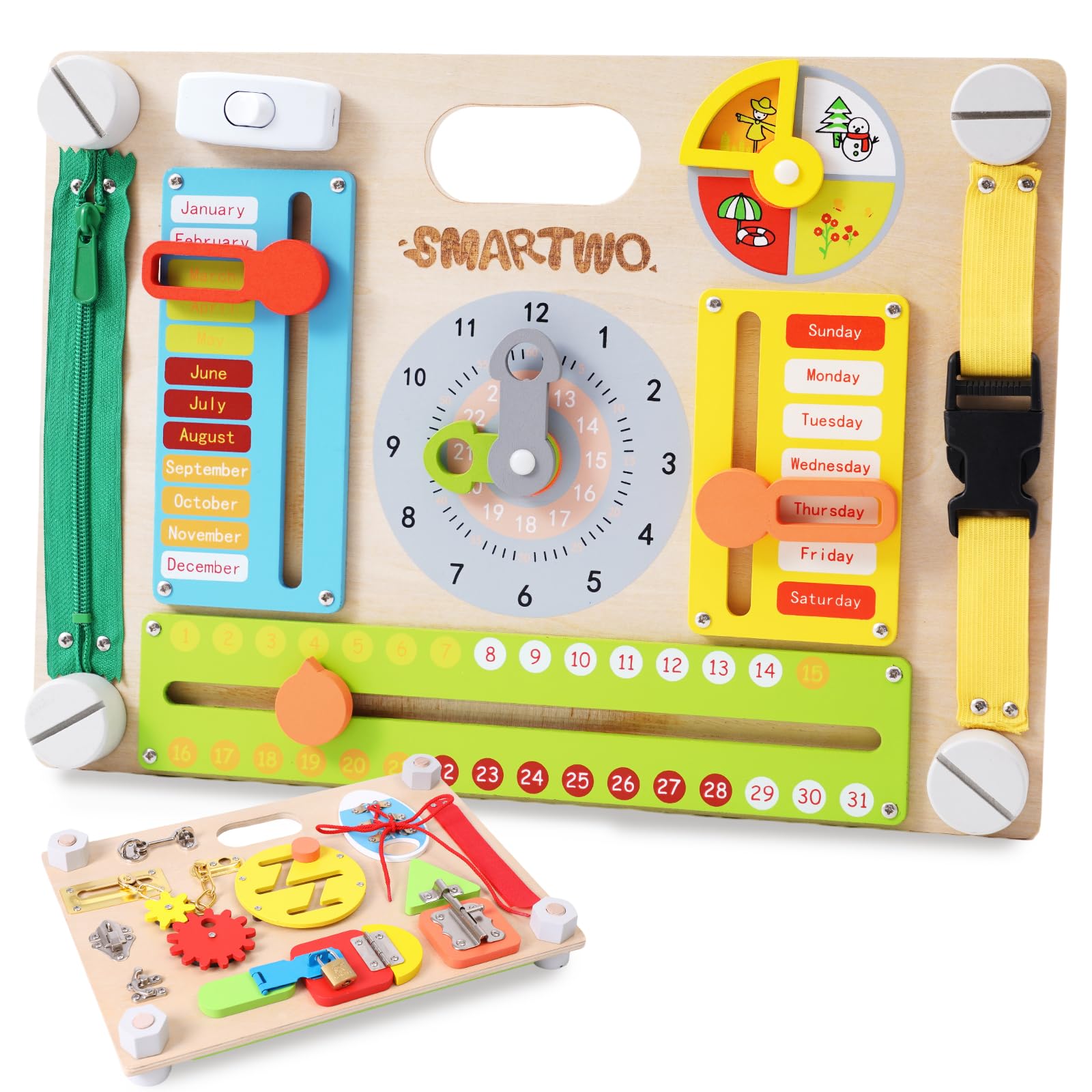 Toddlers Montessori Toy, Large Wooden Busy Board Double-Sided, Sensory Board, Car Travel Activities for Kids 3 4 5 Years Old, Fine Motor Skills, Fidget Toys for Autism, Gifts, Early Learning Game