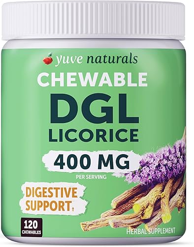 Yuve Comprimidos masticables veganos de regaliz DGL de 400 mg  Apoya el estómago, el intestino y el alivio intestinal  Fórmula de reflujo ácido