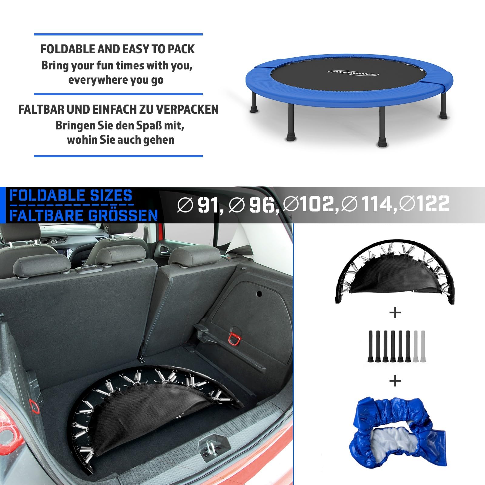 Physionics® Mini Trampolina Fitness - Średnica wyboru (Ø 81/91/96/102/114/122 cm), antypoślizgowe stopy, do użytku wewnątrz/na zewnątrz - trampolina gimnastyczna, trening, skok (114 cm)