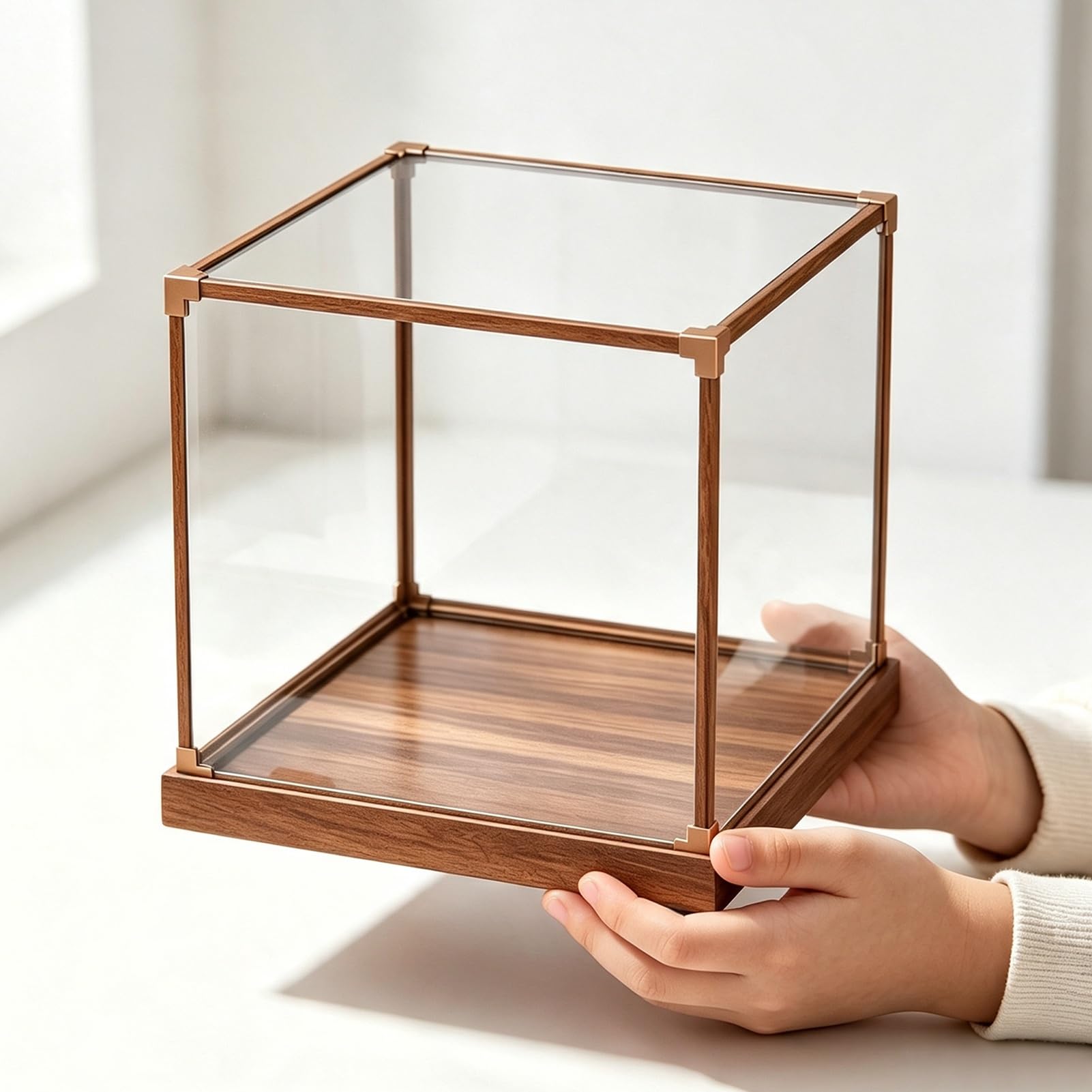 Teca Plexiglass Scatola Cubica da Appoggio, Struttura in Metallo Marrone | Vetrina Quadrata in Acrilico con Base in Legno, Organizer Rettangolare con Cornice Effetto Legno, Contenitore Trasparente