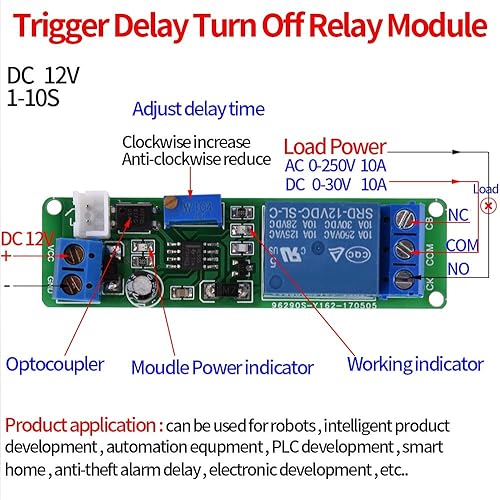 Miniatura 3 de Módulo de temporizador DC 12V Temporizador ajustable Relé de retardo Módulo de apagado Módulo de sincronización Relé Interruptor de tiempo de 1 a 10