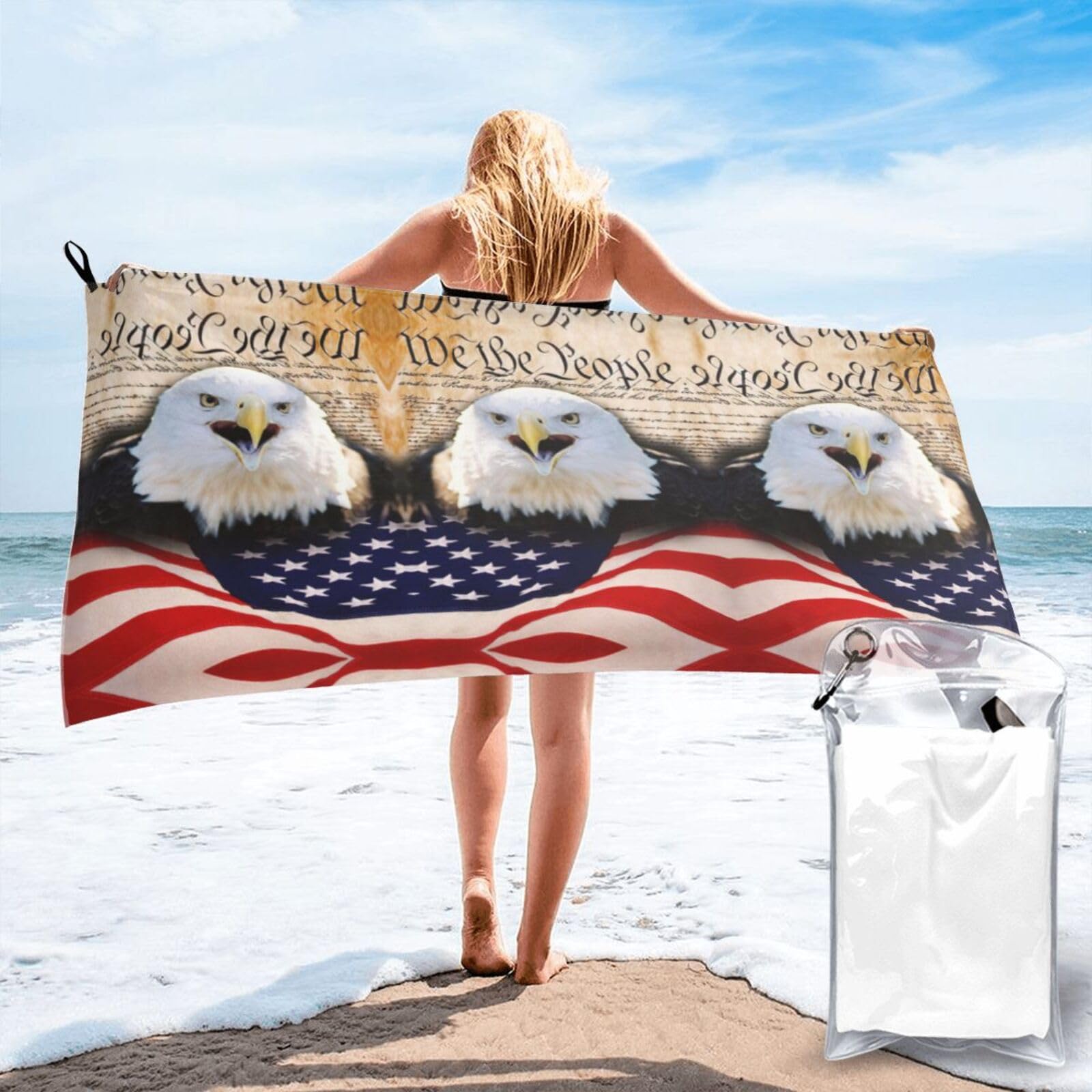Zcmkjlg Patriotic Bald Eagle With American Flag Print Vacation Towel Fast Drying Bath Sheet Shower Wrap For Pool Camping