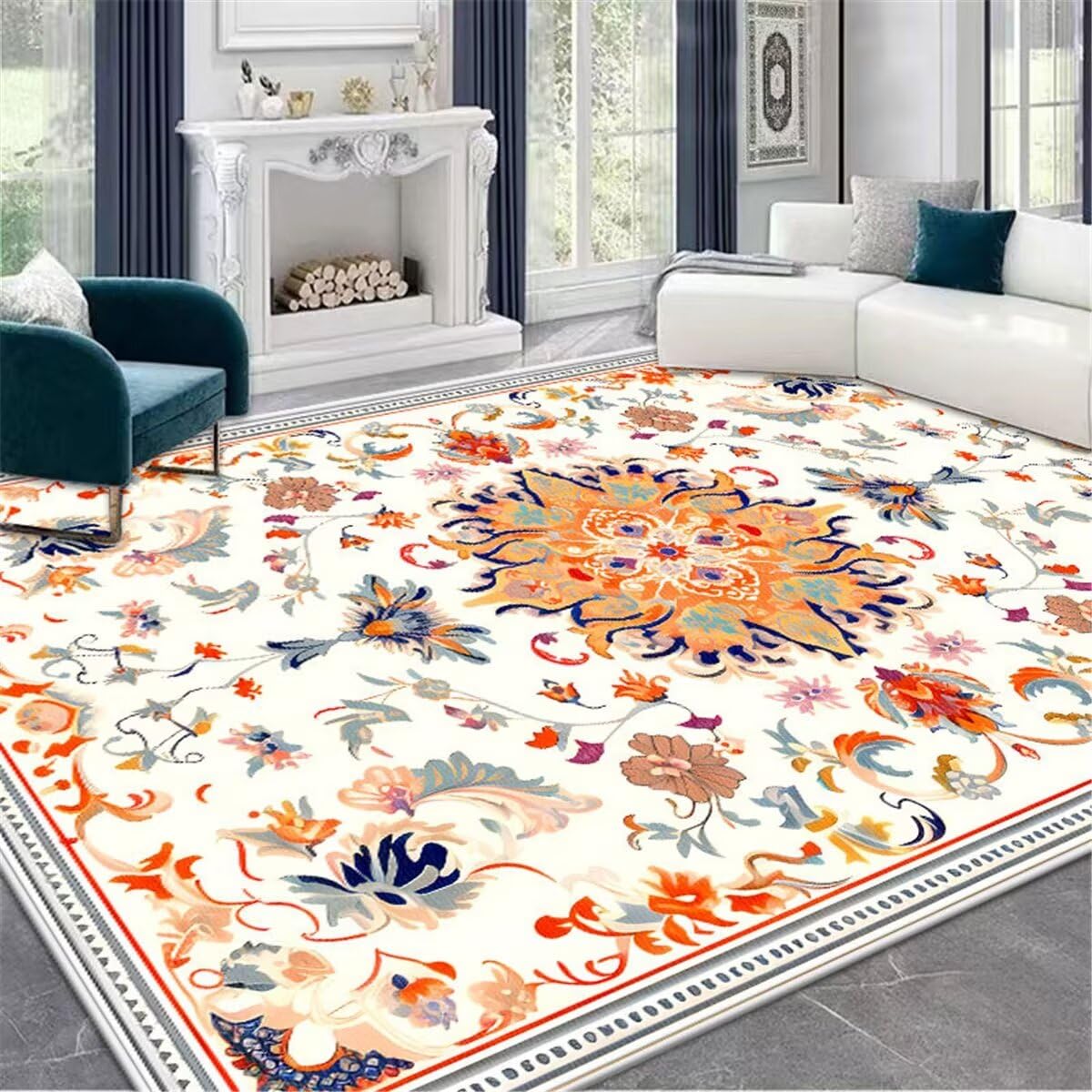 Tapis carreaux de ciment salon sans décoloration au design mer de fleurs doux