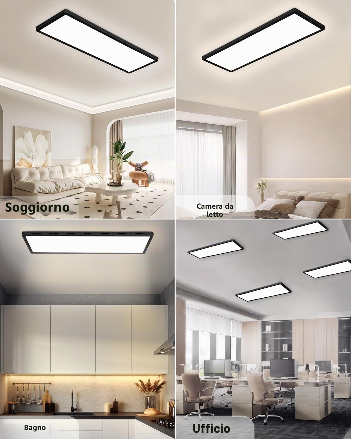Bowfar Plafoniera LED Rettangolare con Telecomando, Dimmerabile 3000K-6500K, Pannello LED Ultra Piatto 24W con Retroilluminazione per Soggiorno, Camera da Letto, Ufficio, Bagno, 58x20x2,5cm, Nero