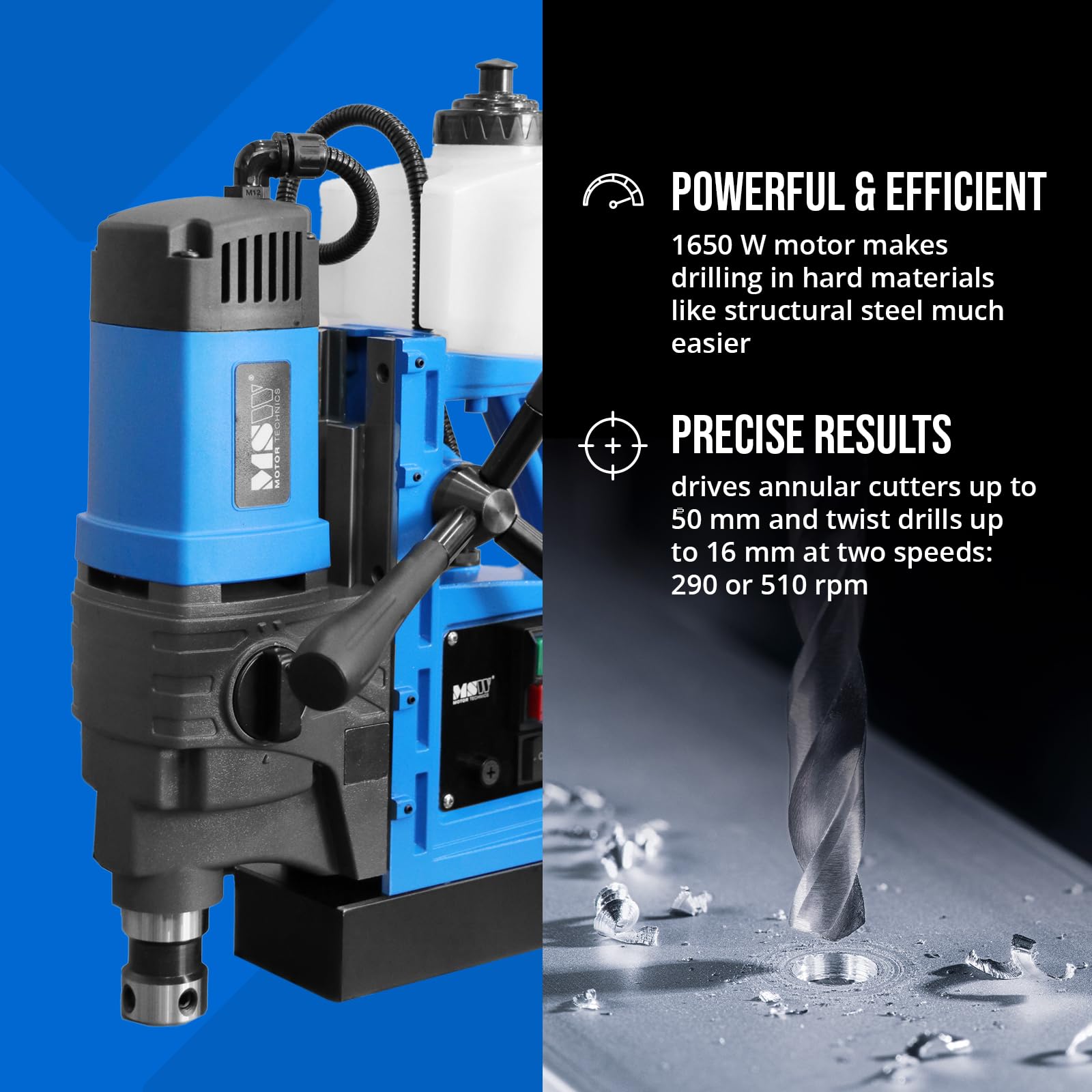 MSW wiertarka magnetyczna 1650 W 290/510 obr./min 16 kN do wierteł 16/50 mm wiertarka rdzeniowa wiertło magnetyczne