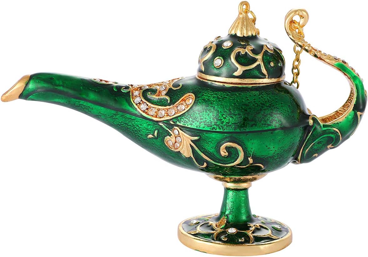 QIFU Hand Painted Green Magic Lamp Enameled Trinket Box Hinged, Unique Gift for Family