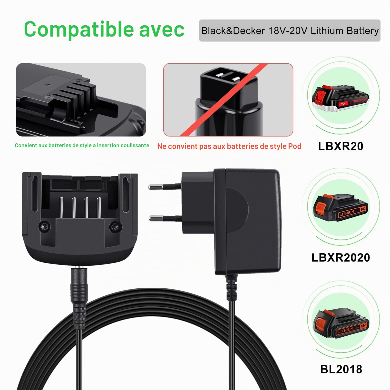Chargeur de batterie lithium 18V/20V, compatible avec batterie lithium Black&Decker 18V/20V BL2018 LBXR20 LBXR20-OPE LB20 LBX20