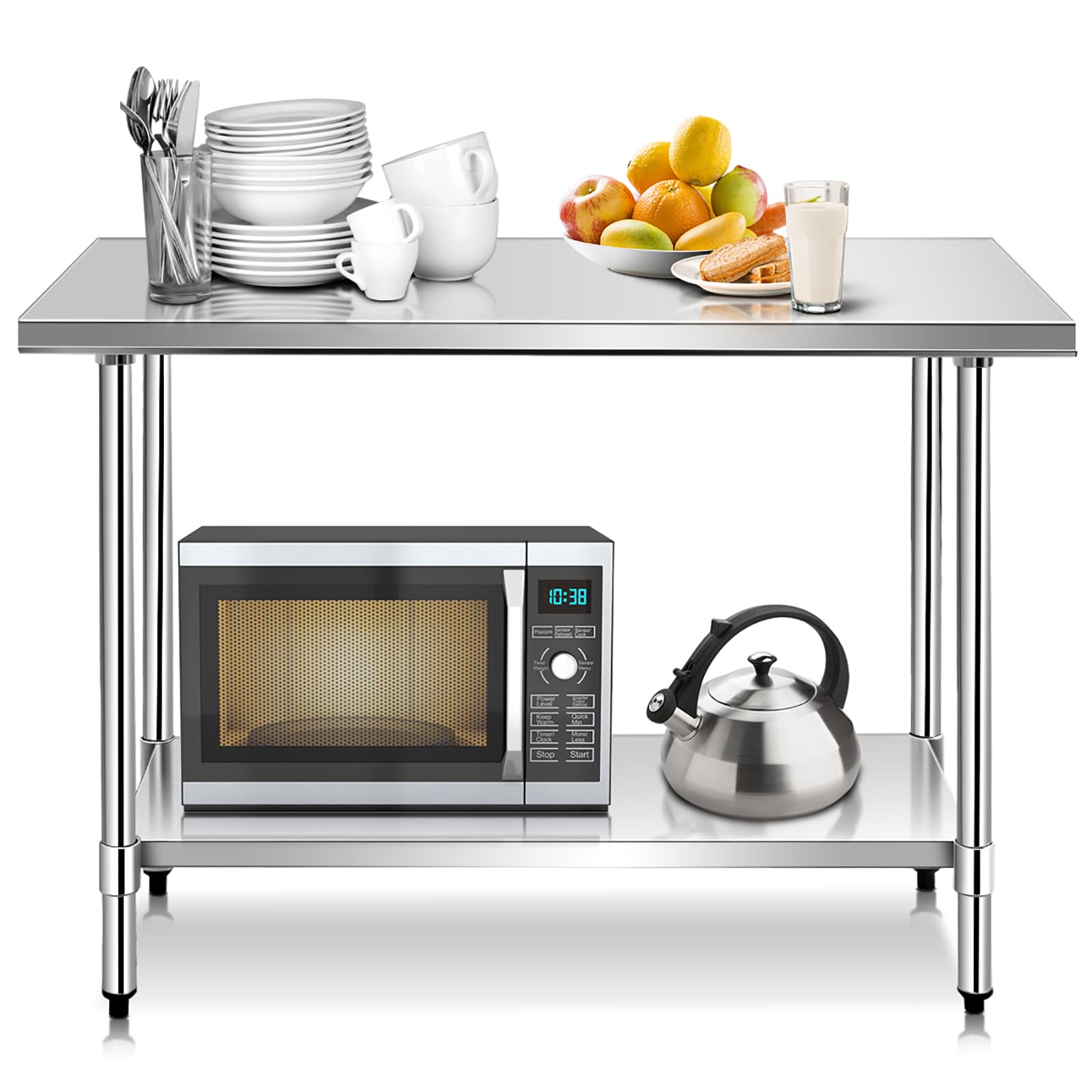COSTWAY Edelstahl Küchentisch Arbeitstisch, Edelstahltisch mit Höhenverstellbarer Ablage, Zubereitungstisch Gastro Tisch, Ablagetisch für Küche Restaurant, Silber (122 x 61x 90cm)