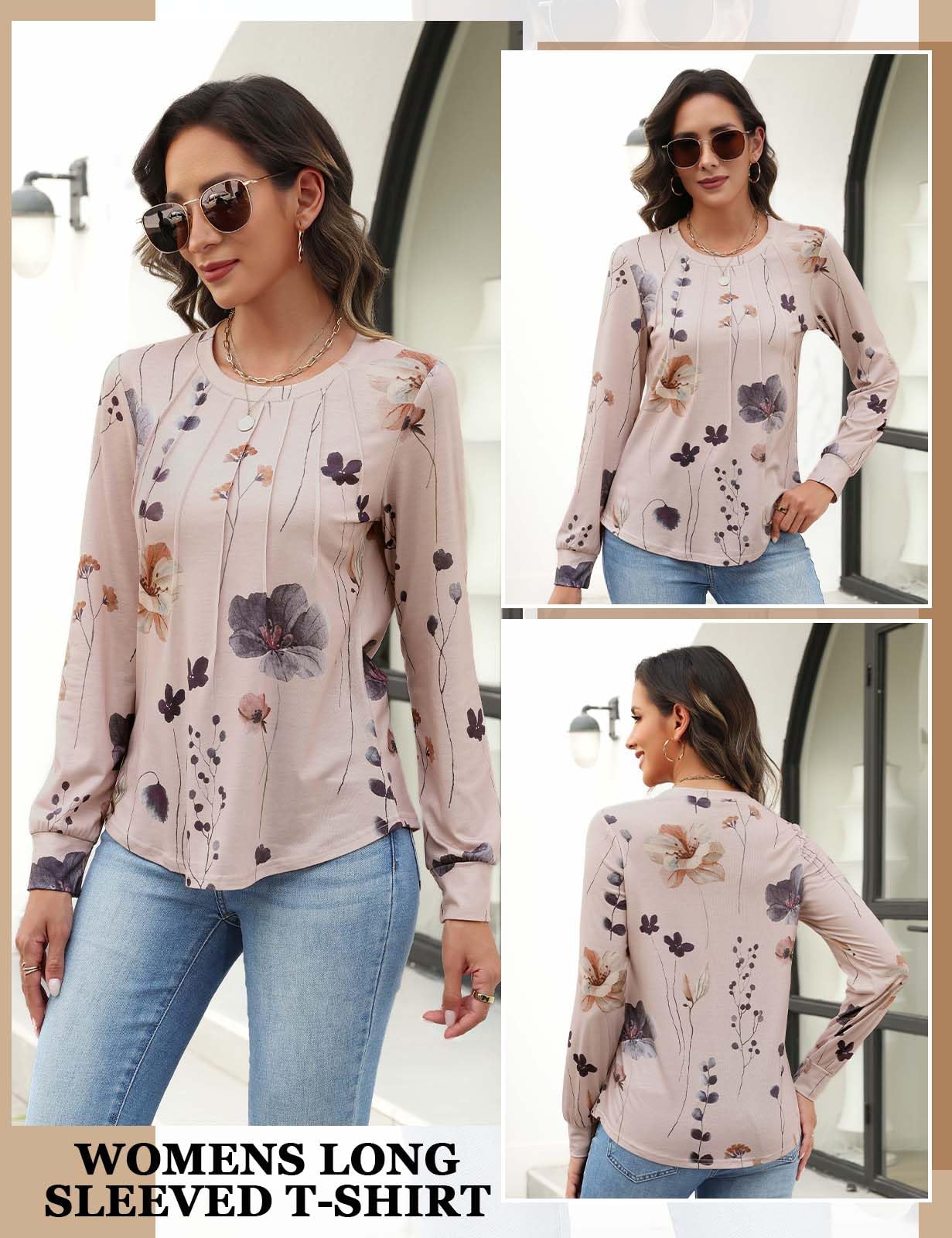 heekpek Magliette Donna Manica Lunga Tshirt Stampata Girocollo Ponchetta a Pieghe Top Donna Elegante Blusa Basic Maglietta Maniche Lunghe Primavera Estiva Autunno