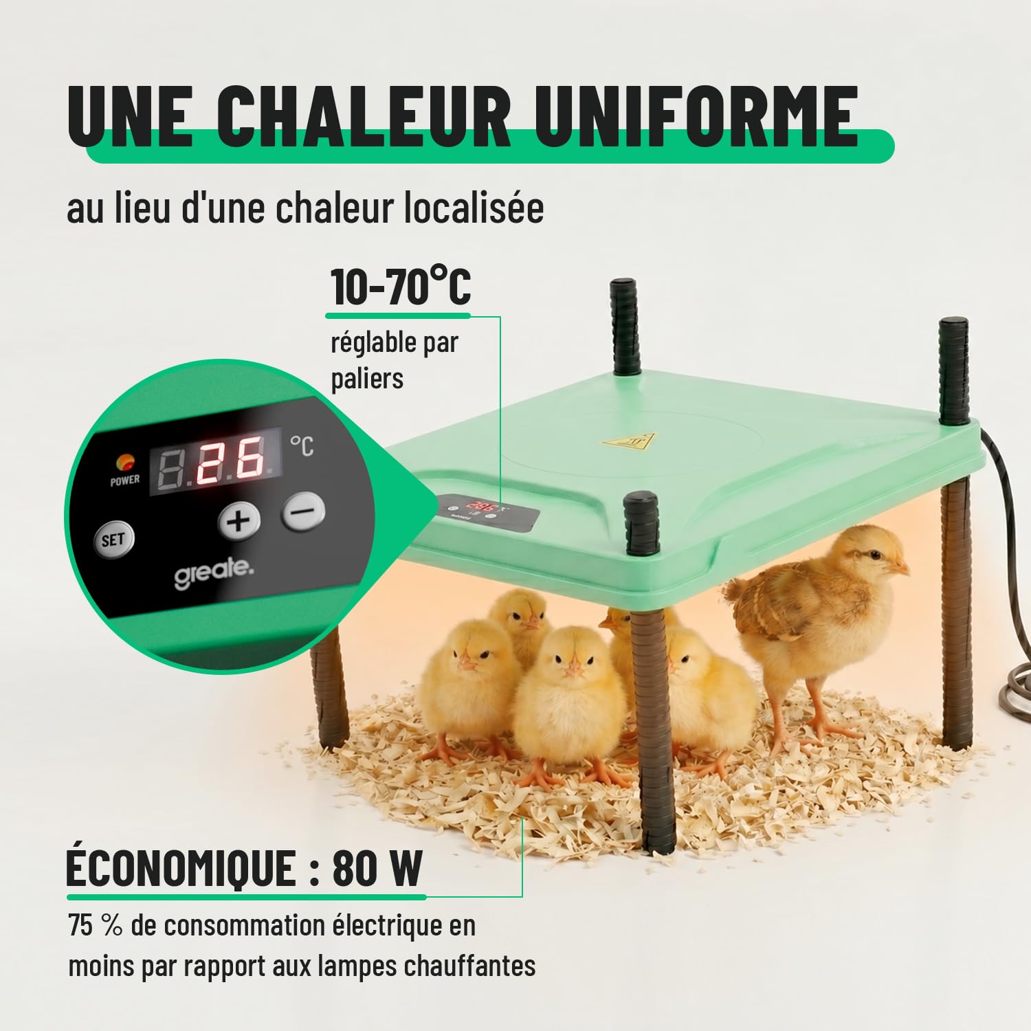 greate Plaque Chauffante Poussin 80 W réglable 10-70 °C avec écran LED - Panneau Chauffant Poussin hauteur réglable 30 x 30 cm - Plaques Chauffantes Abreuvoirs | Plaque chauffante pour poussin - Hauteur réglable de 10 à 70 °C - Avec affichage LED - Plaque