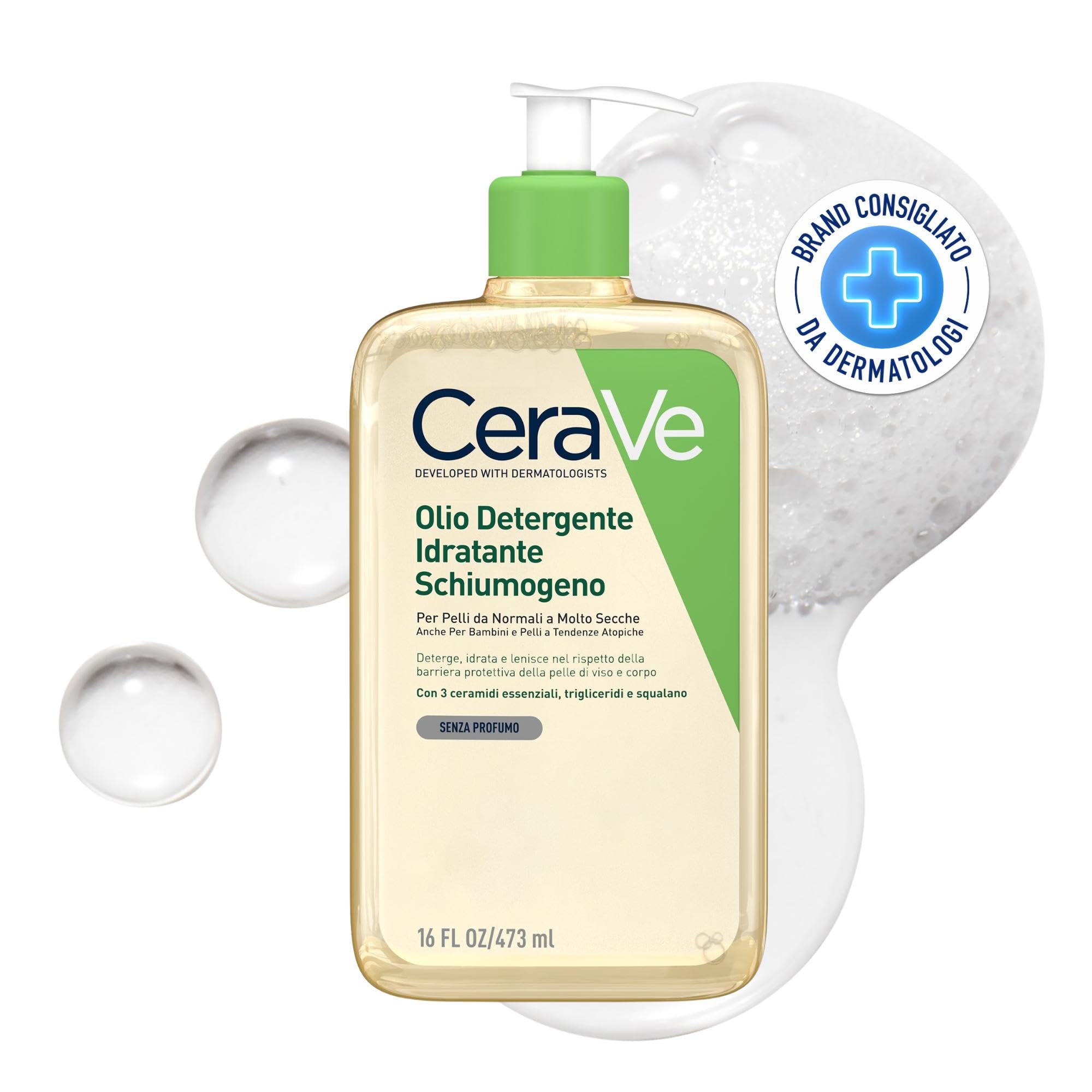 CeraVe Olio Detergente Schiumogeno, Per Pelli Secche e Molto Secche, Azione Idratante e Lenitiva, Rimuove Sebo e Impurità, Con 3 Ceramidi Essenziali, Trigliceridi e Squalano Vegano, 473 ml