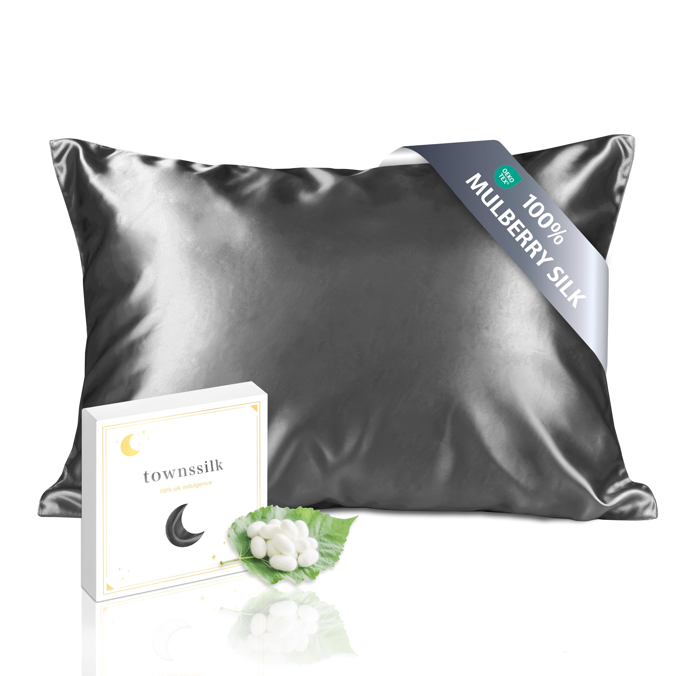 townssilk Silk Pillowcase 70 x 90 cm - 100% Mulberry Silk, 19 mm, Silk on Both Sides, Oeko-Tex Certified, Grade 6A, with Zip, 1 Piece, Dark Grey