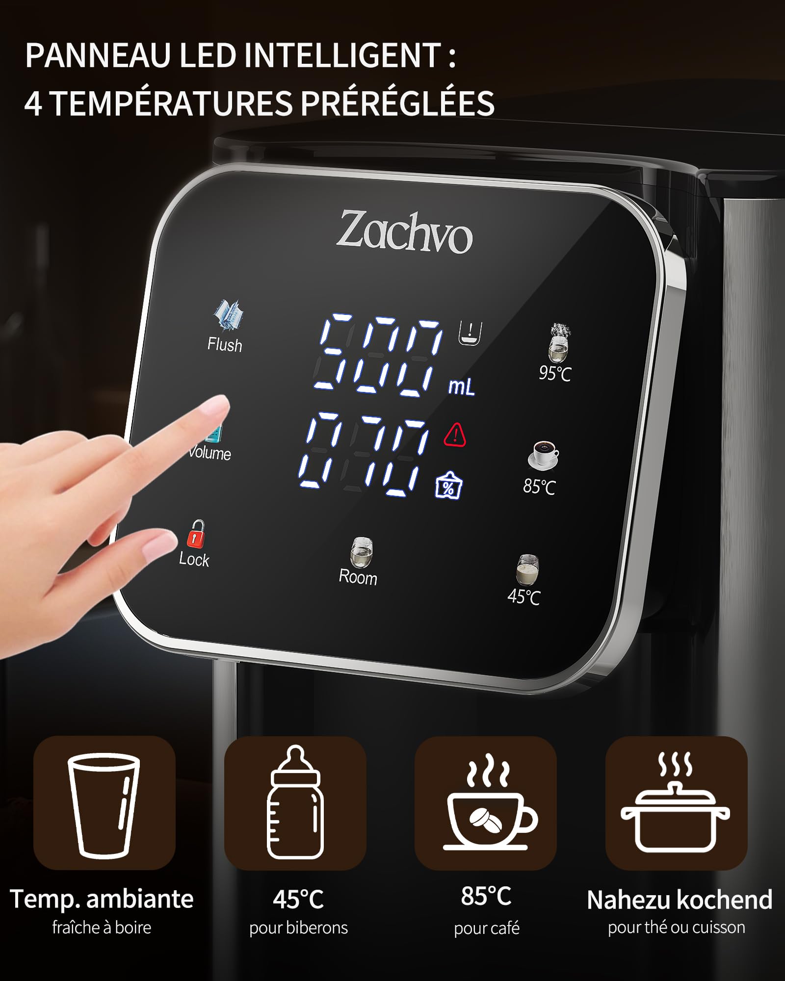Distributeur d'eau chaude UR05-2200W – Eau chaude en quelques secondes, 4 niveaux de température & 3 volumes d’eau, réservoir 4L, compact, filtre à charbon actif, pour cuisine & bureau