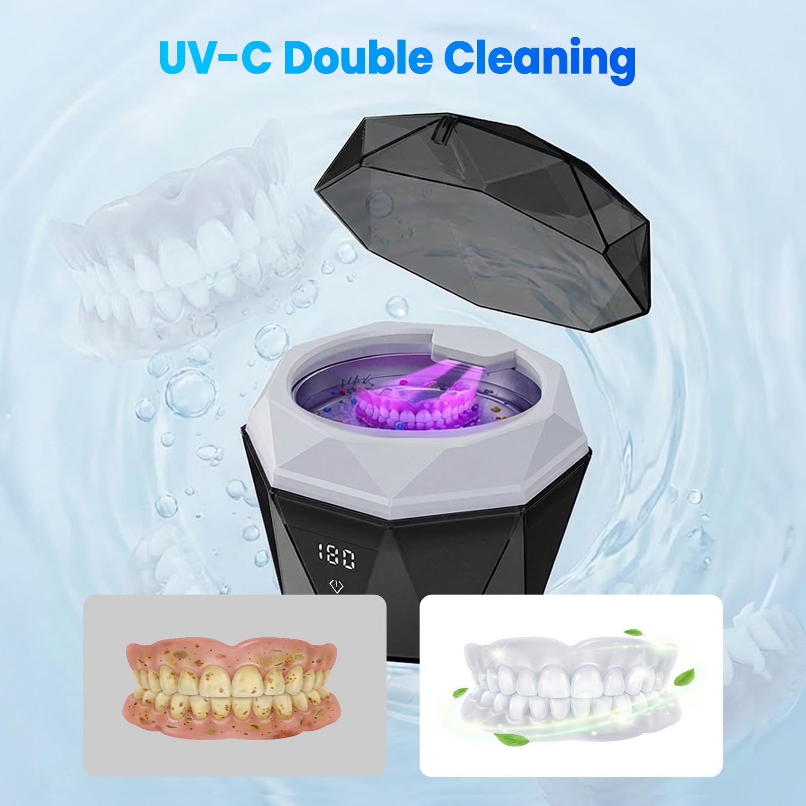 Dispositivo de limpieza por ultrasonidos 45 kHz máquina 180 ml U/V Dental Pod Retainer Cleaner para férulas dentales, raíles de mordedura, rieles de crujir, con función de temporizador