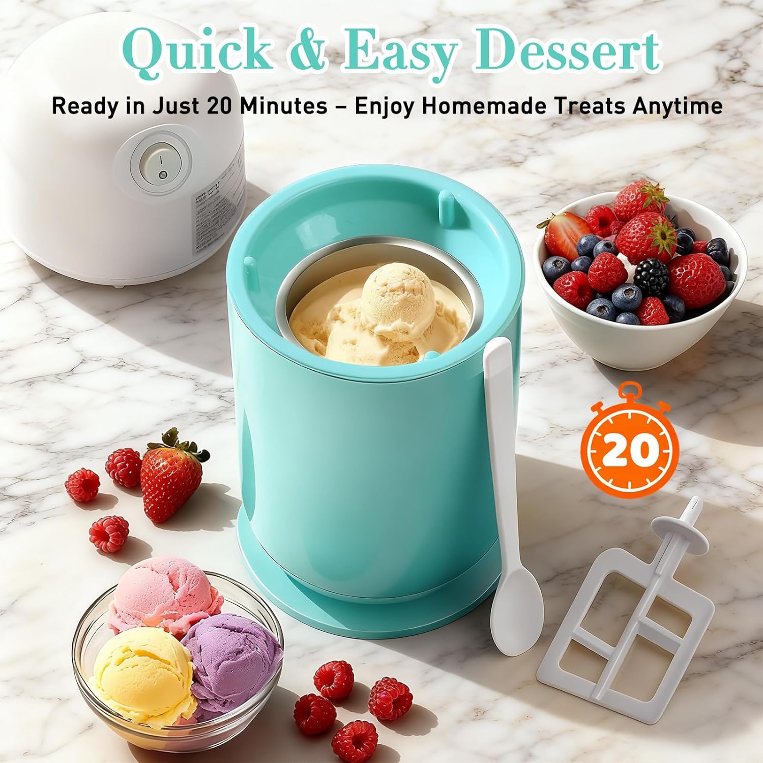 Secura Mini Ice Cream Maker for Gelato, Sorbet, Frozen Yogurt, 0.4QT Automatic Electronic Gelato Maker with Mixing Spoon & Recipe Book, Quick Homemade & Great Gift,Aqua