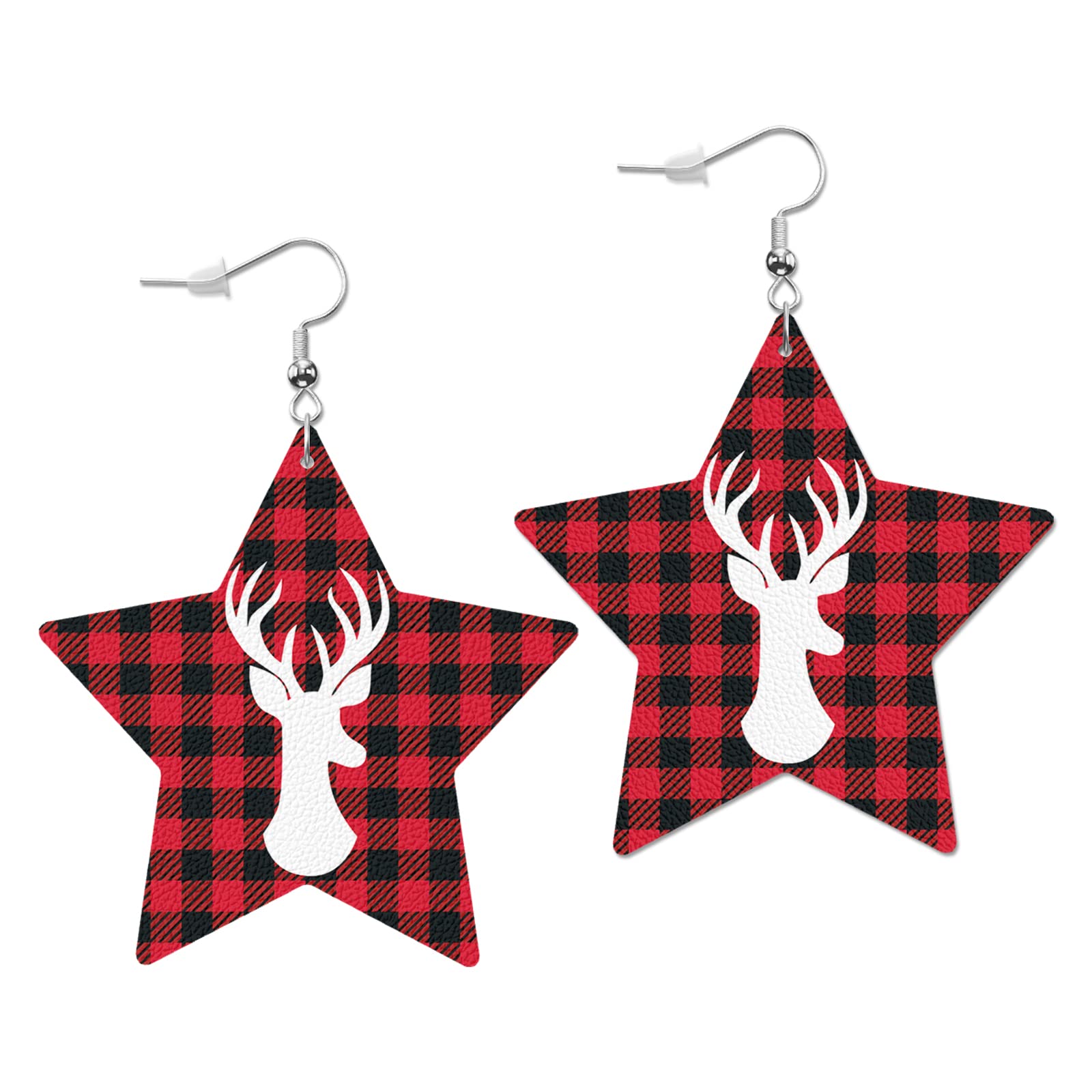SwonoPlaid Leather Earrings Red Black Gingham Scottish Checkered Lattice Square Star Faux Leather Earring Lightweight Dangle Drop Earrings for Women