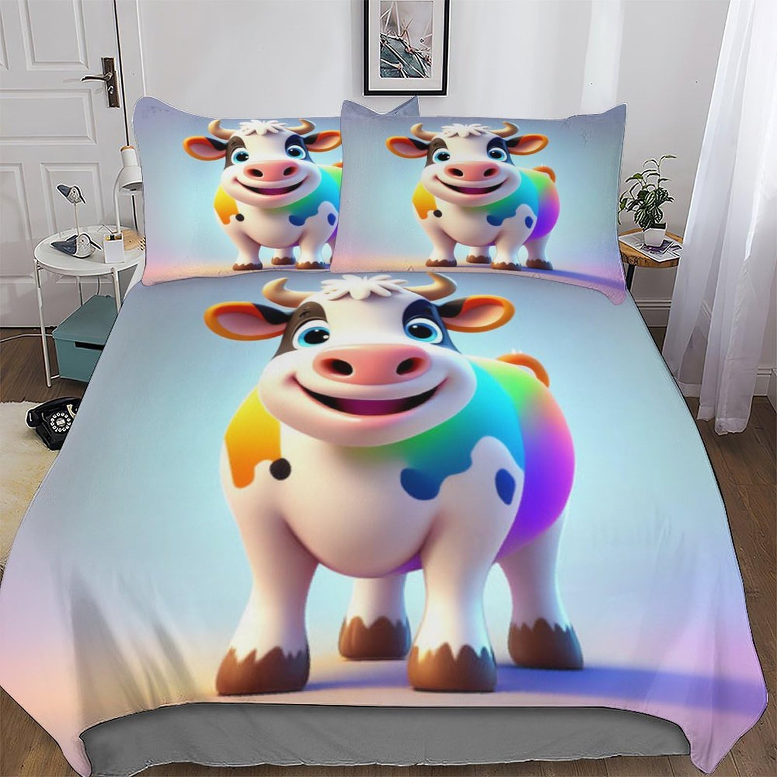 PAZZK Cow 3D Printed Duvet Cover Set Microfibre Soft Quilt Covers Easy Care Quality Comforter Cover Bedding Sets with Pillowcase for Teen Adult Kids King (220x240cm) — image 1