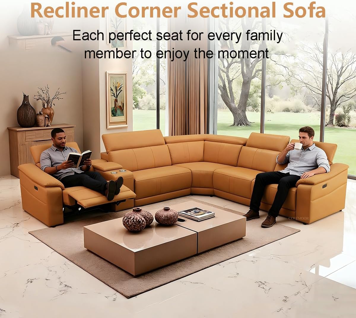 Power Recliner Sectional Sofa for Living Room, Power Leather Corner Sectional Couch with Adjustable Headrest, Leather Sectionals Couches, Reclining Couch with Storage/Cup Holders for House