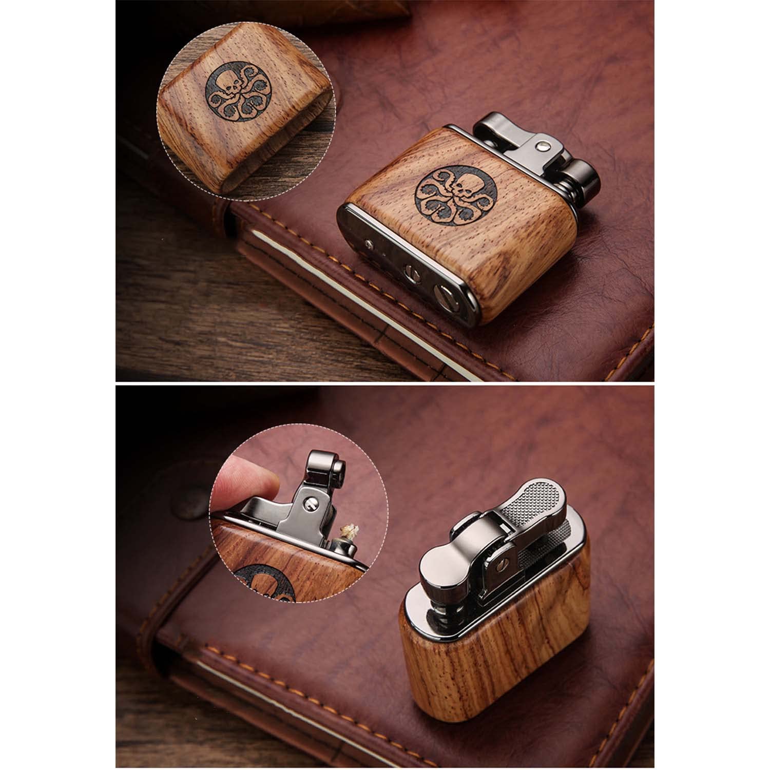 Briquet à Kérosène Rétro Personnalité Nostalgique Artisanat en Rondins Gravure Laser Appuyez pour Tirer Briquet à l'huile pour Homme Papa Mari (Carburant Non Inclus)