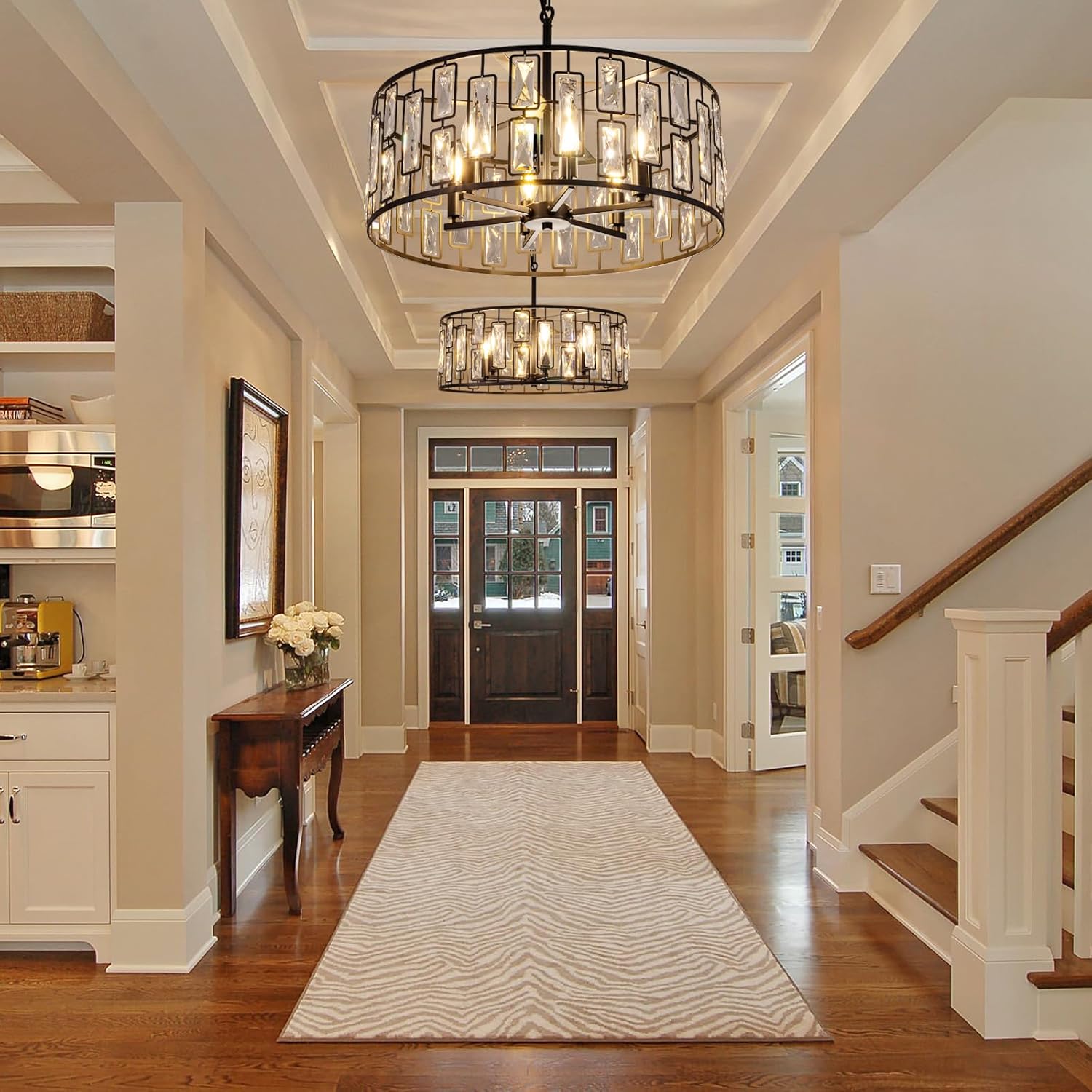 Wellmet Black Crystal Chandeliers 24in, 6 Lights Round Ceiling Light Fixture for Dining Room, Modern Farmhouse Drum Chandelier for Living Room, Bedroom, Bathroom, Kitchen, Entryway, Hallway