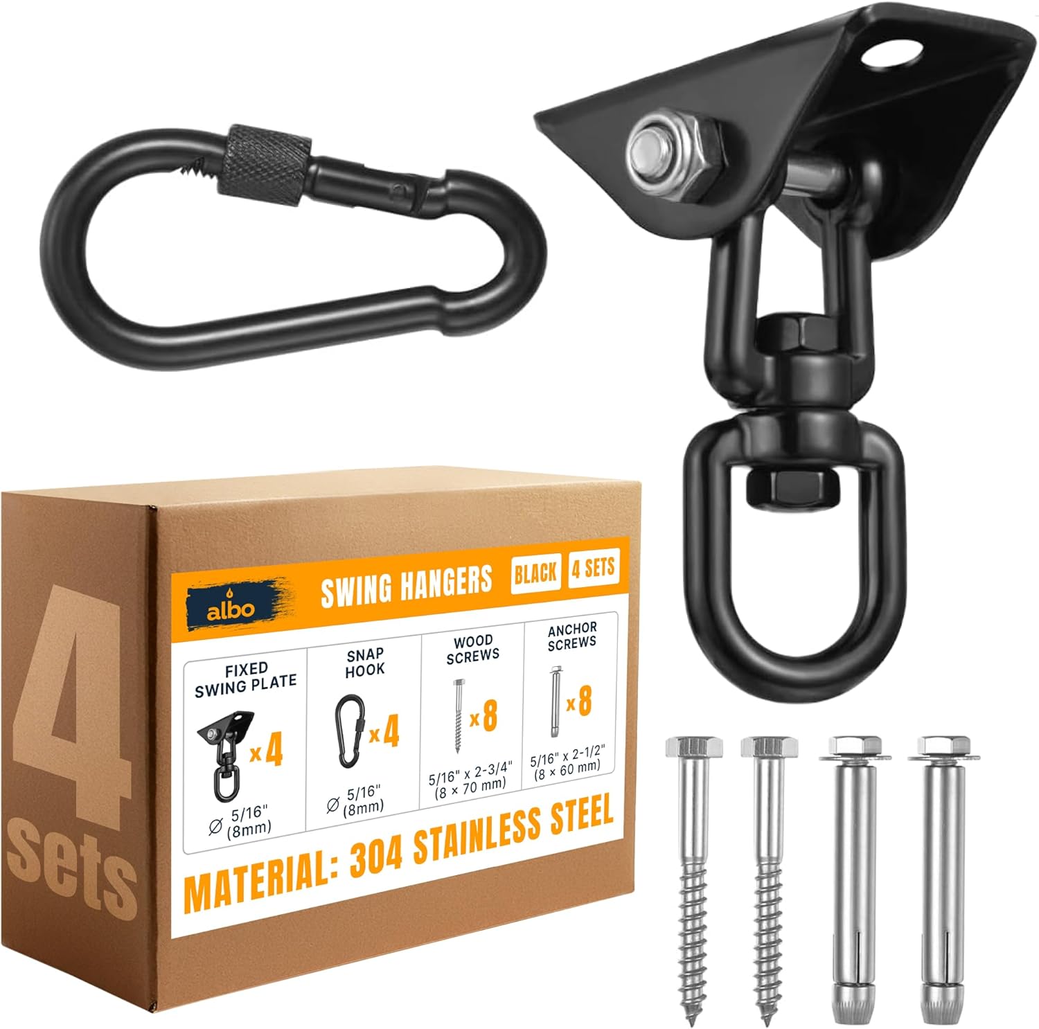 Albo 2650LBS Heavy Duty Ceiling Swing Hooks  4 Pack Black, 304 Stainless Steel, 180 Silent Swivel Mount, Indoor Outdoor Hanger for Hammock, Therapy Swing, Punching Bag  Screws for Wood & Concrete