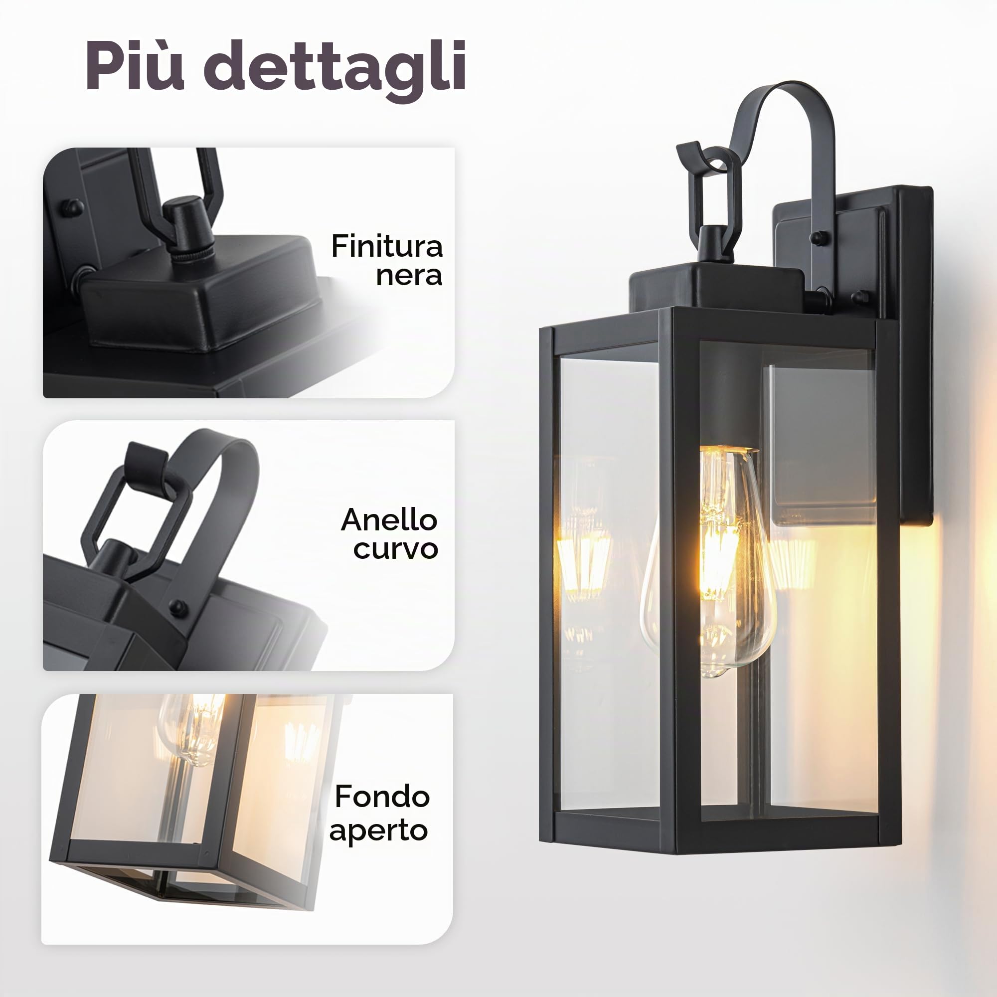FTL Applique da Parete E27 Esterno, Nero Luci da Esterno a Parete, Moderno Portico Lampade Lanterna da Esterne, IP44 Impermeabile Applique a Muro Della Porta Anteriore per Giardino Terrazza