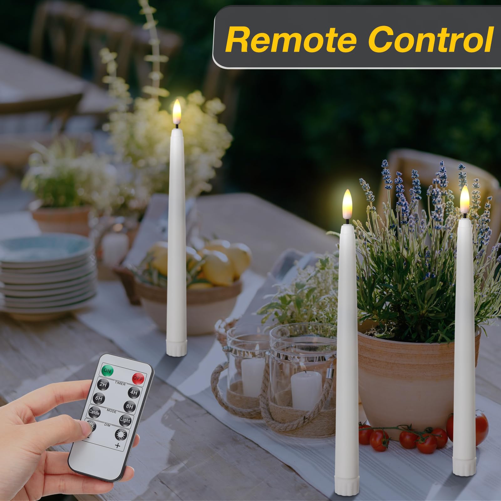 Reginary Confezione da 50 candele coniche senza fiamma con 4 telecomando, funzionamento a batteria, candele tremolanti coniche 3D a LED in cera sintetica, luci calde per matrimoni, Ringraziamento