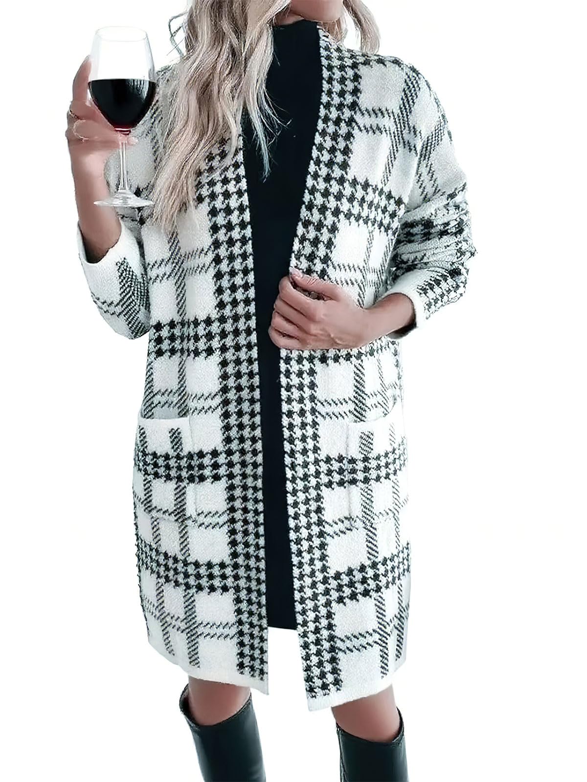 ebossy Womens Fall Fashion Houndstooth Plaid Long Cardigan Casual Knit Open Front Long Sleeve Sweaters 2025 Winter Coats