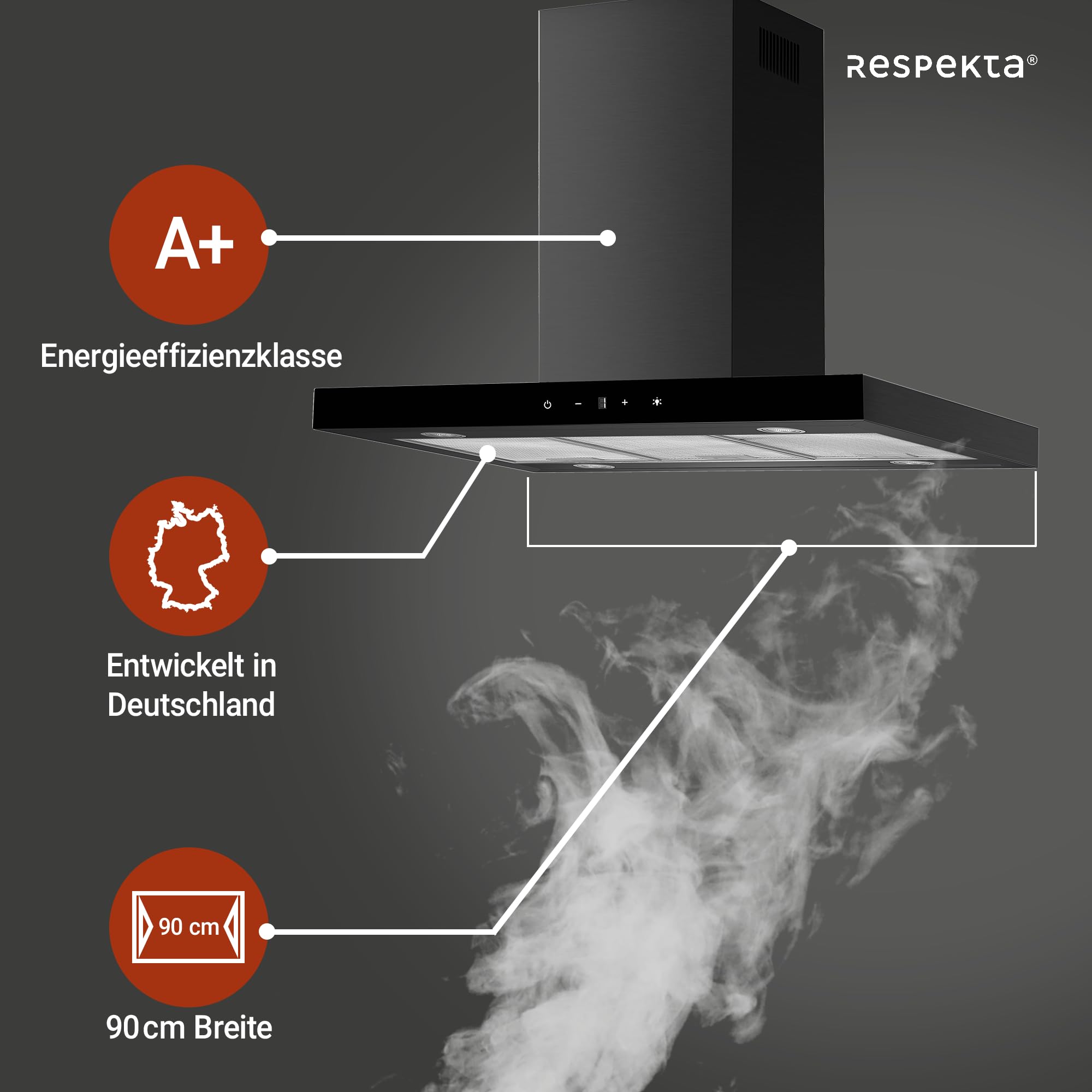 Respekta Cara Inselhaube 90 cm Schwarz-Matt Glasfront Touch Control 9 Leistungsstufen A+