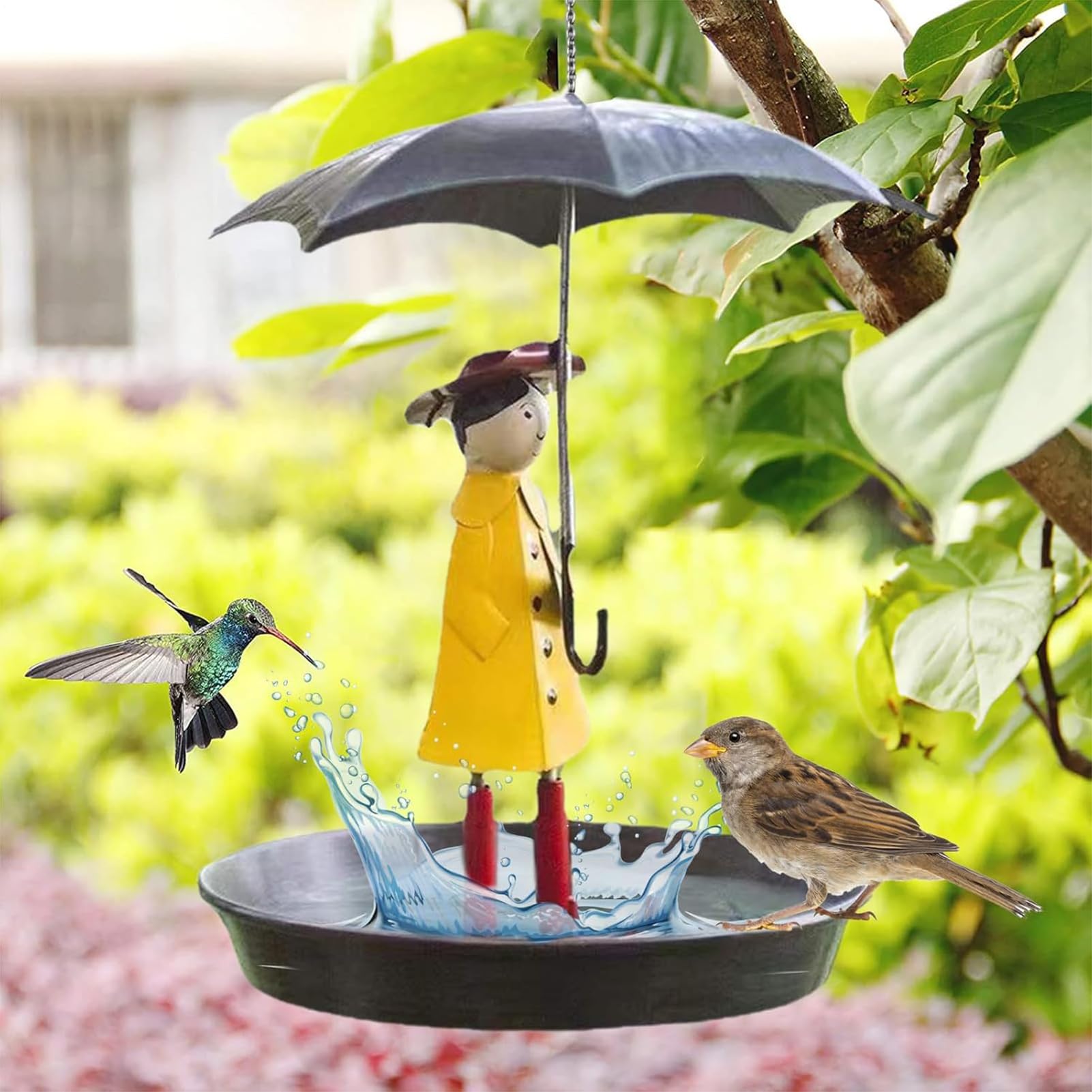 Comedero para pájaros en Forma de niña con Paraguas, comedero Exterior Colgante, comedero Exterior de Metal Trabajado, Ideal para los Amantes de los pájaros