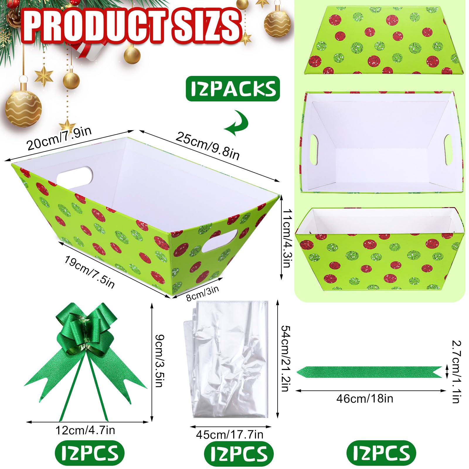 Yeaqee 36 cestas vacías de regalo de Navidad de 8 x 10 pulgadas, 12 unidades, color rojo y verde, con lazos verdes, a granel, caja de regalo de Navidad para Navidad, vacaciones, bodas, aniversarios,